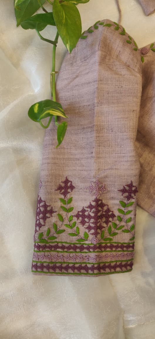 Lavender Pure Cotton Embroidered Blouse – Thread Work Pan Design Saree Blouse for Women