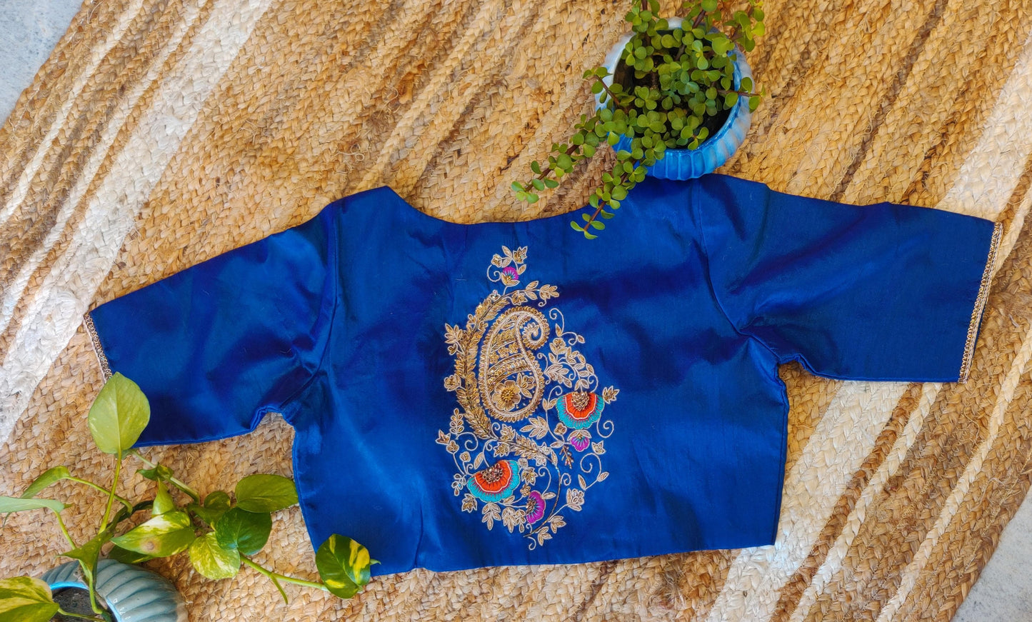 Raw Silk Ari Work Blouse – Designer Embroidered Saree Blouse for Women
