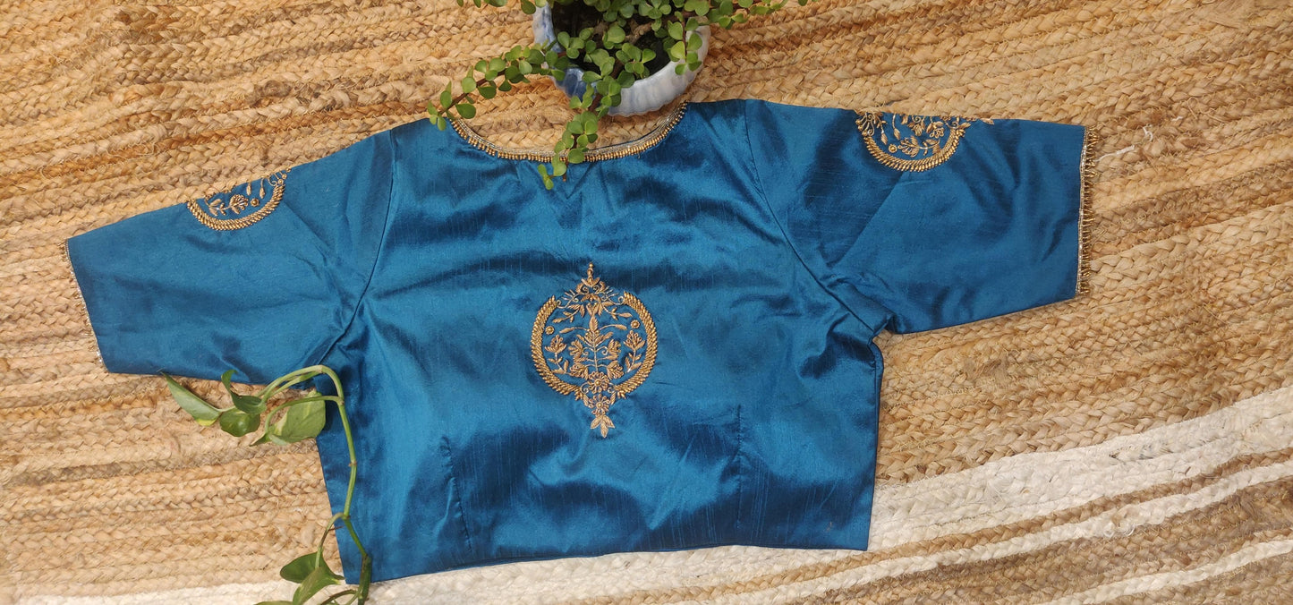 Teal Blue Raw Silk Zardozi Work Blouse – Designer Blouse for Women