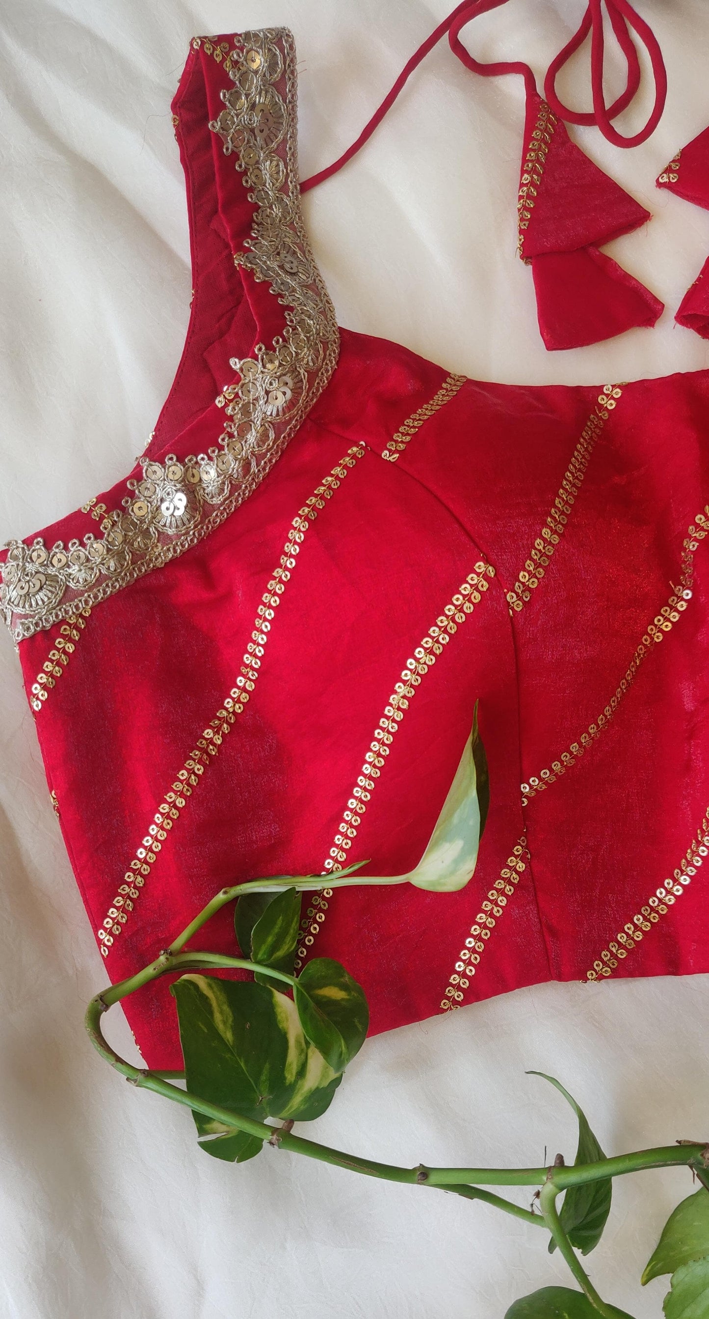 Red Fancy Satin Sleeveless Blouse – Embroidered Designer Saree Blouse for Women