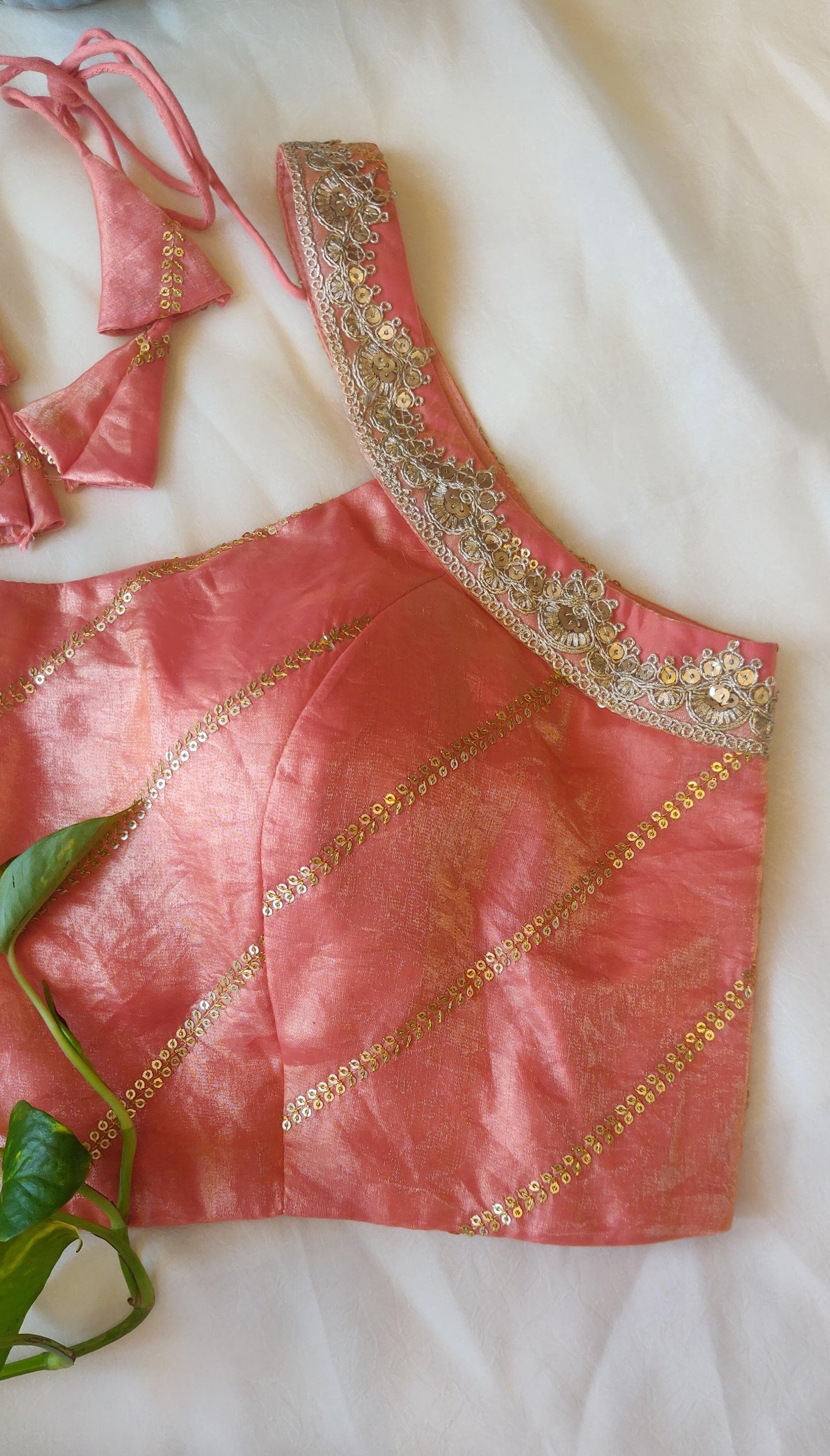 Peach Pink Fancy Satin Sleeveless Blouse – Embroidered Designer Blouse for Women