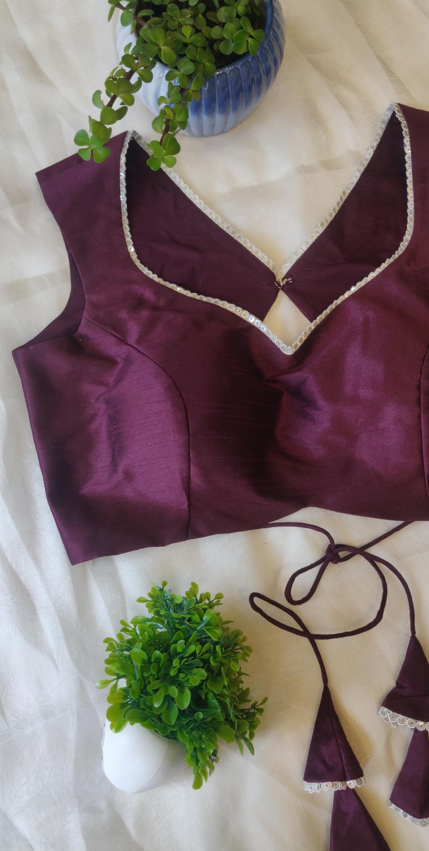 Wine Raw Silk Backless Blouse – Designer V Neck Blouse for Women