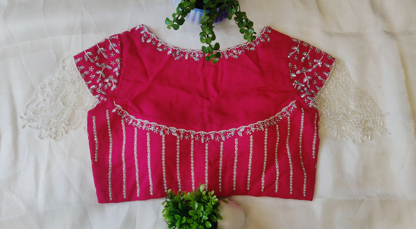 Hot Pink Viscose Organza Ari Work Blouse – Zari & Puti Embroidered Designer Blouse
