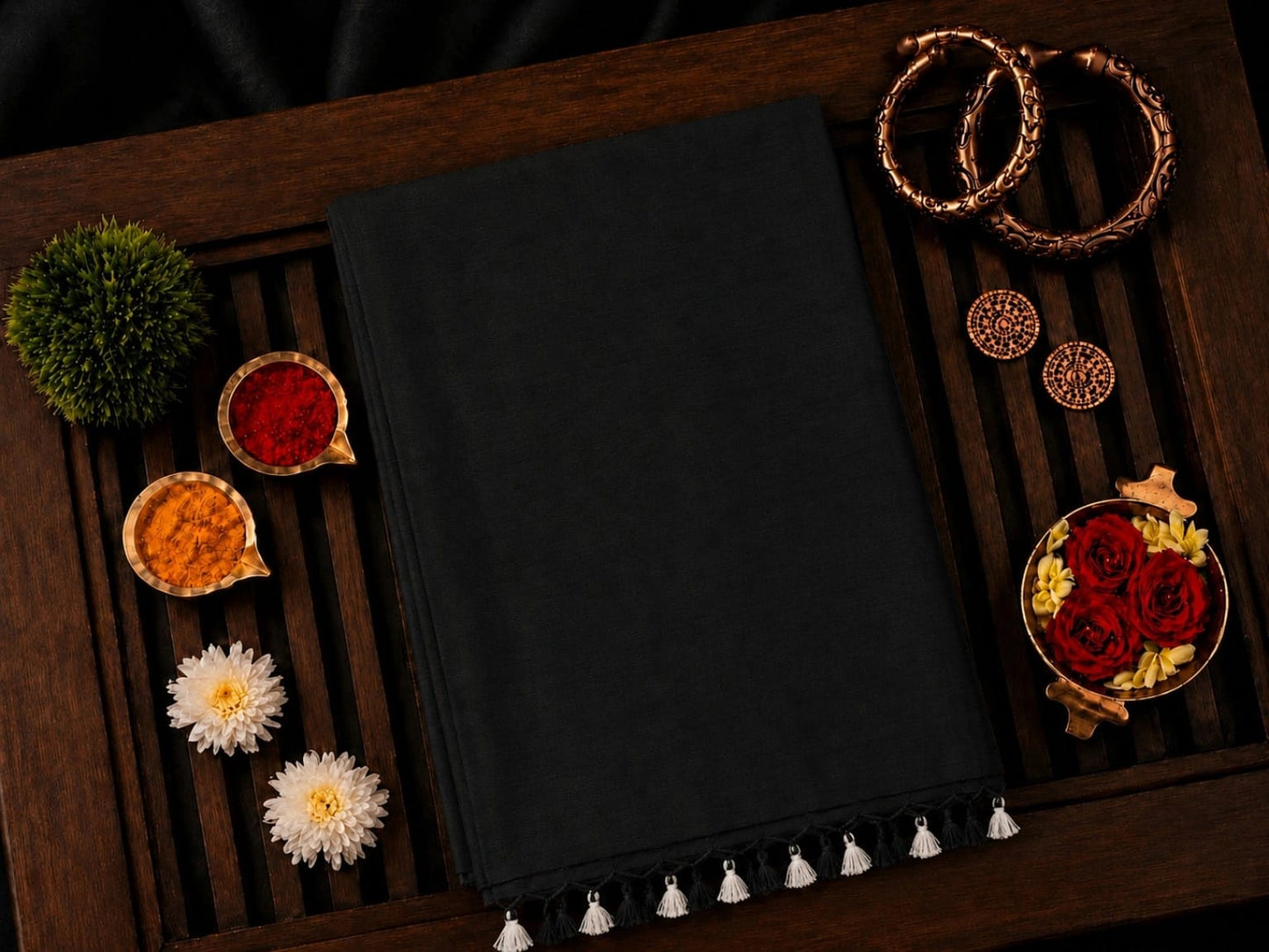 WEVOW Black Plain Khadi Saree with Tassel Border | Elegant Everyday & Office Wear Saree