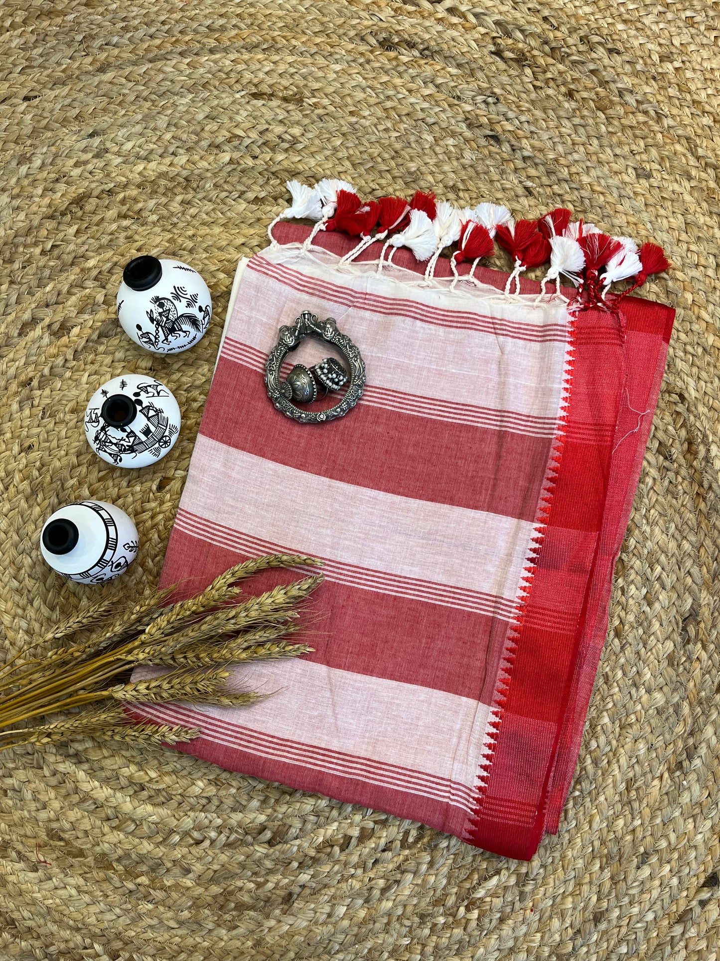 Red and White Fusion Cotton Saree - WEVOW