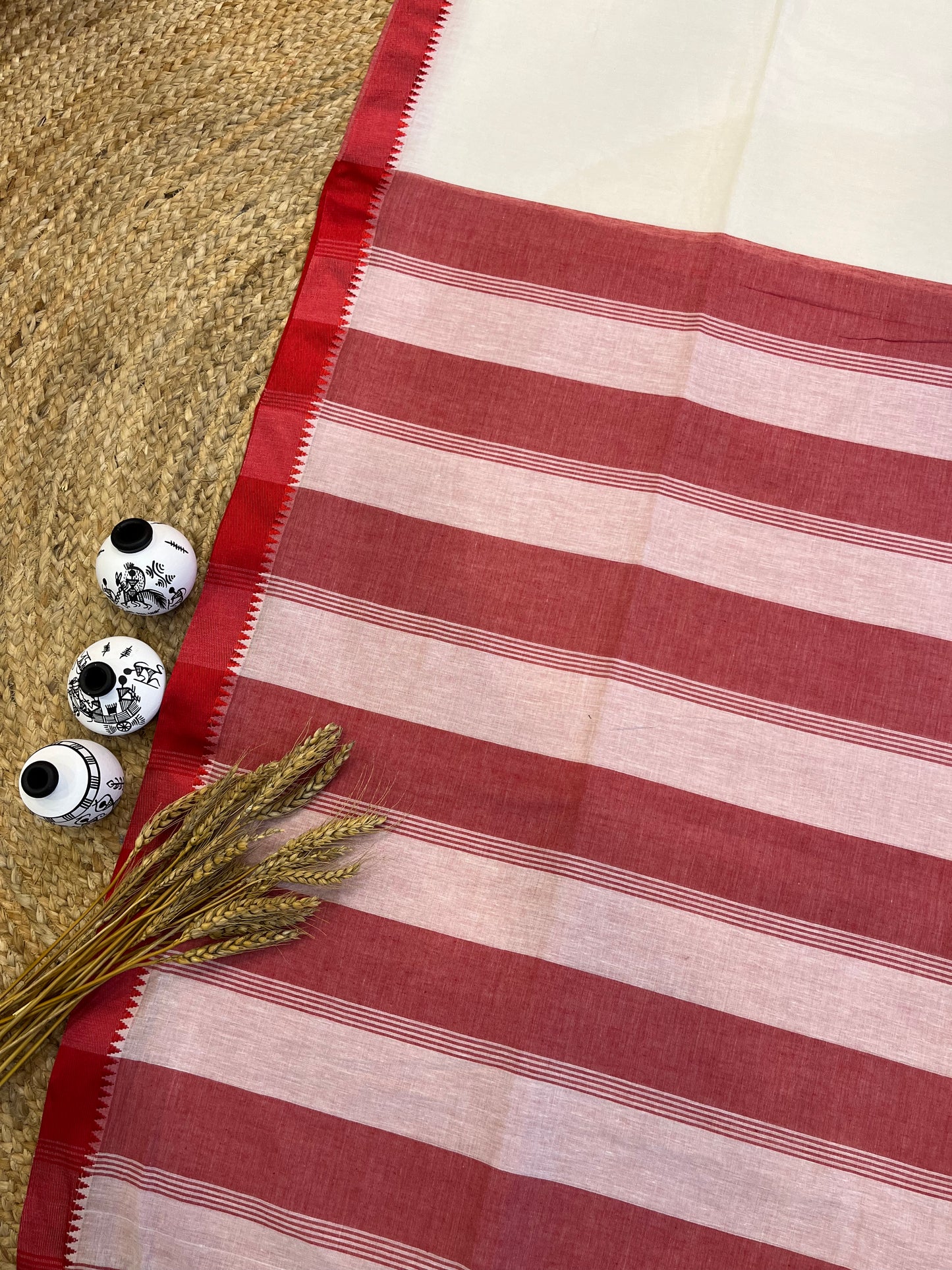 Red and White Fusion Cotton Saree - WEVOW