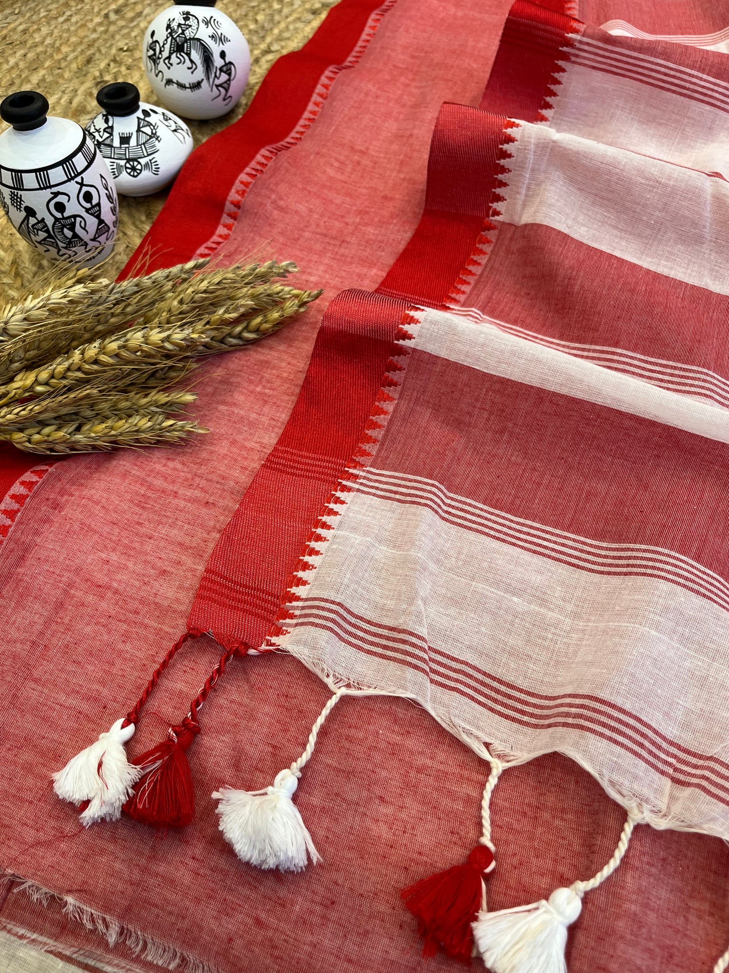 Red and White Fusion Cotton Saree - WEVOW