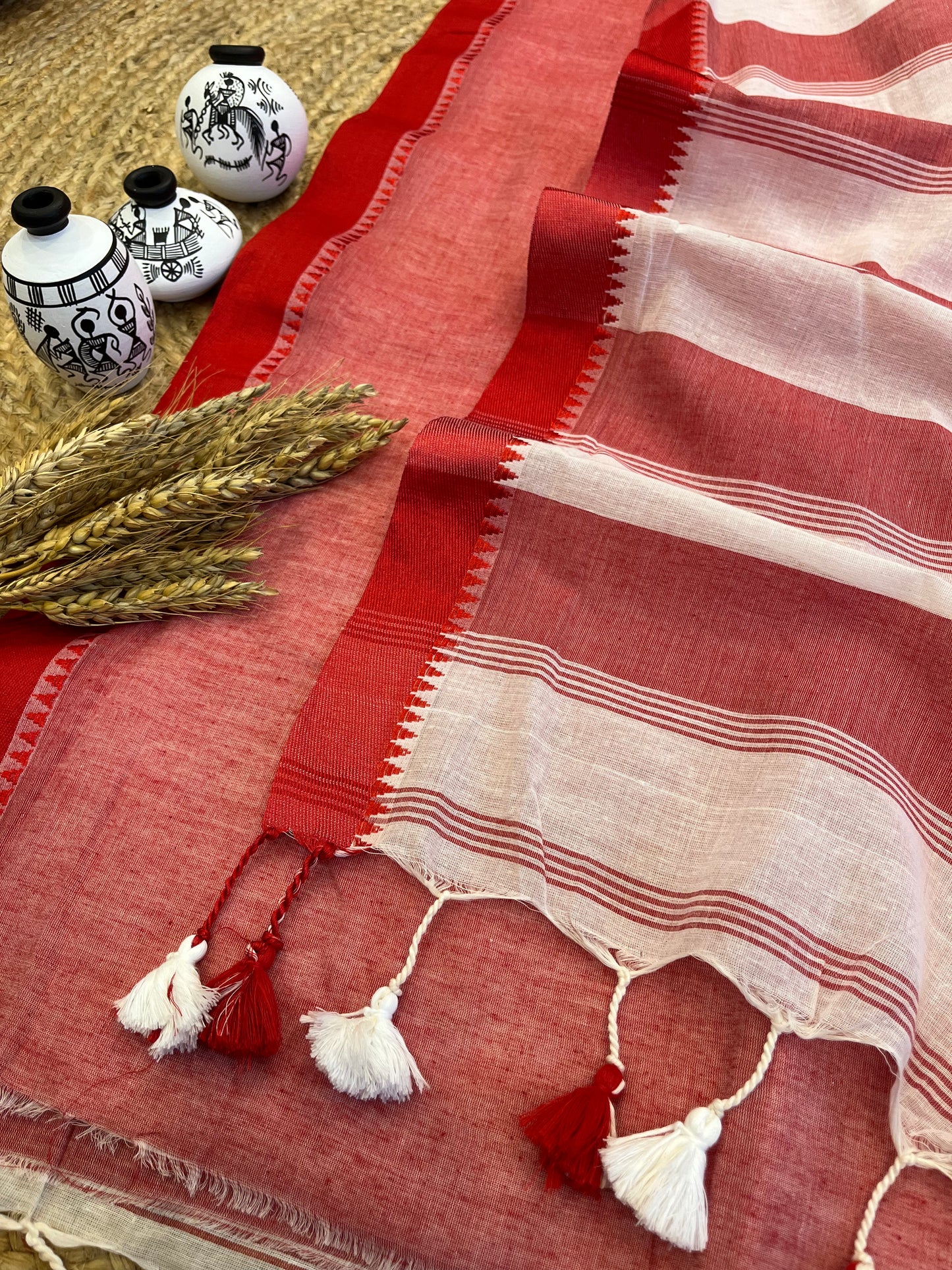 Red and White Fusion Cotton Saree - WEVOW