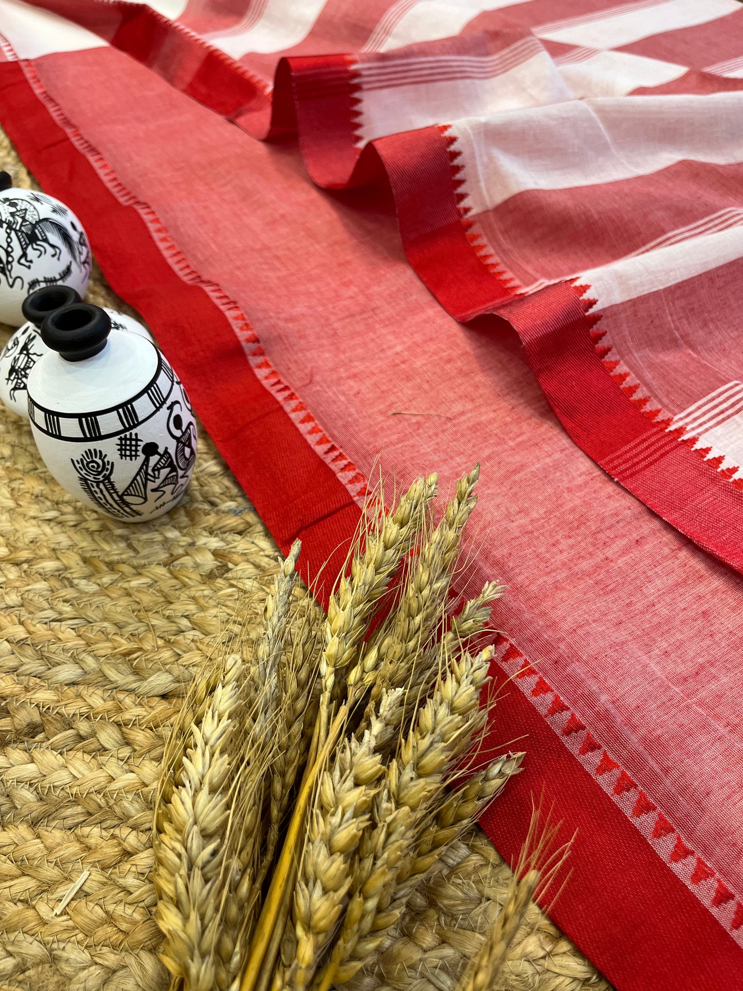 Red and White Fusion Cotton Saree - WEVOW