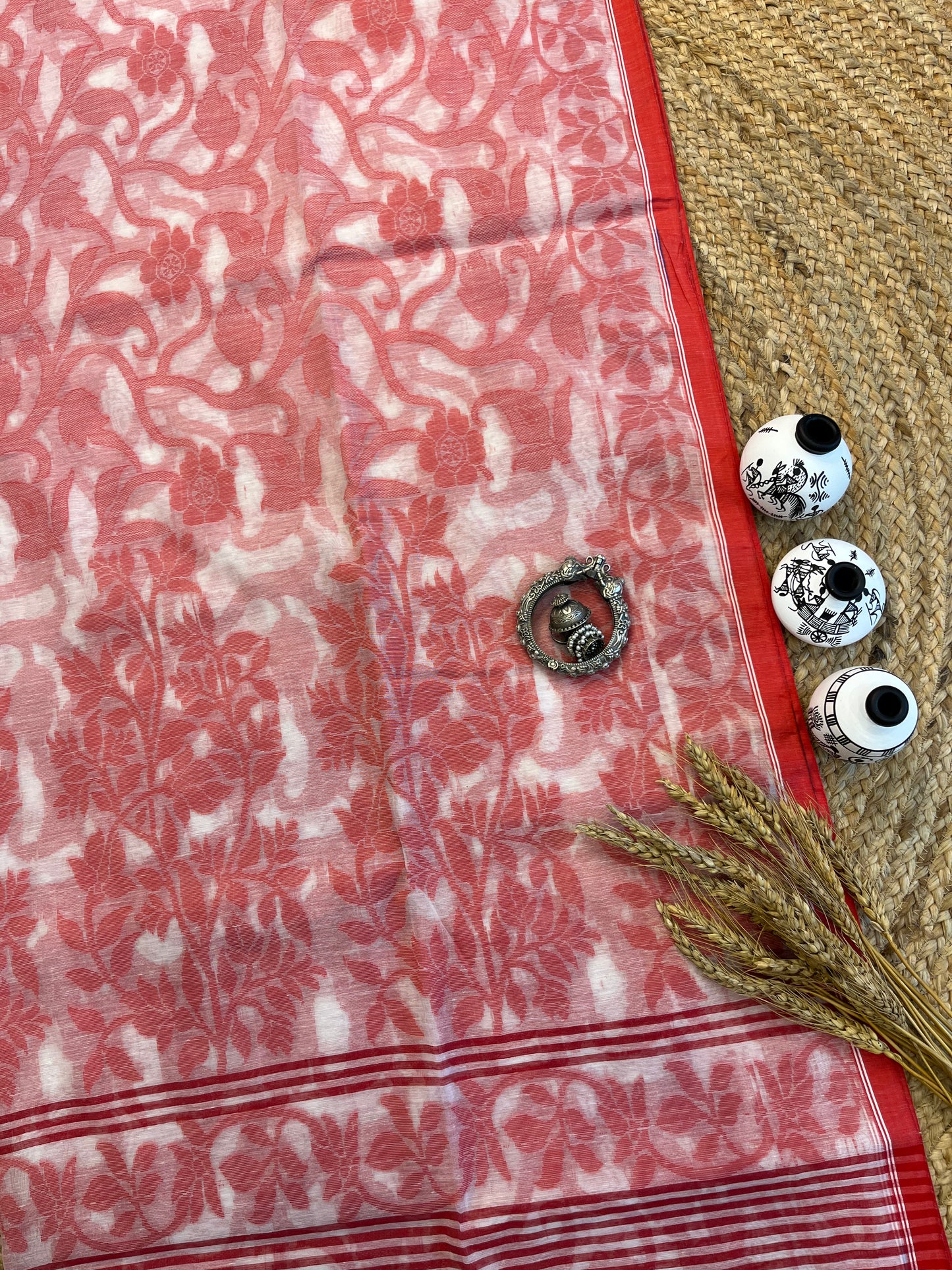 Red and White Jamdani Saree - WEVOW