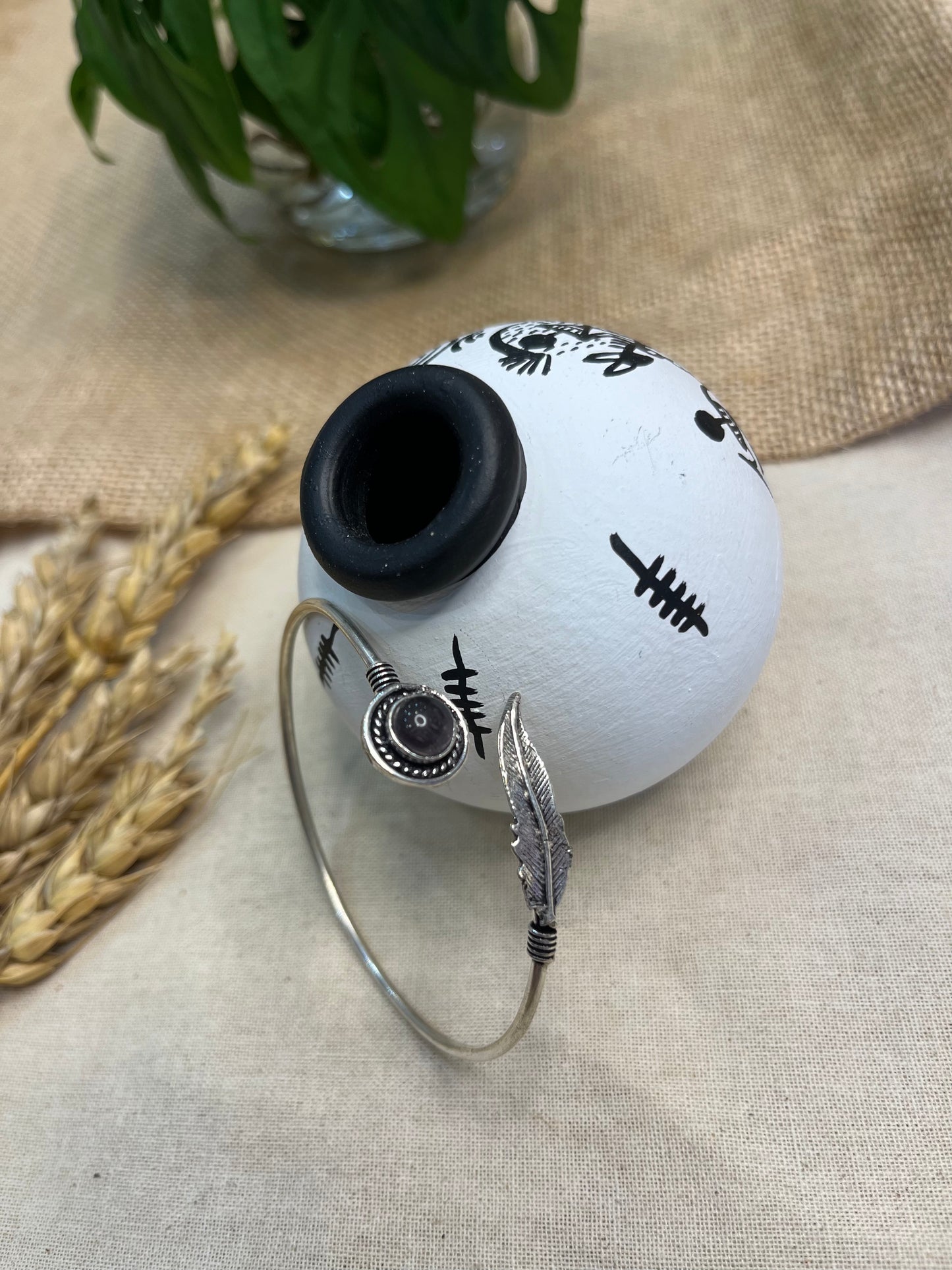 Minimalist Open Cuff Bangle with Black Stone Accent - WEVOW