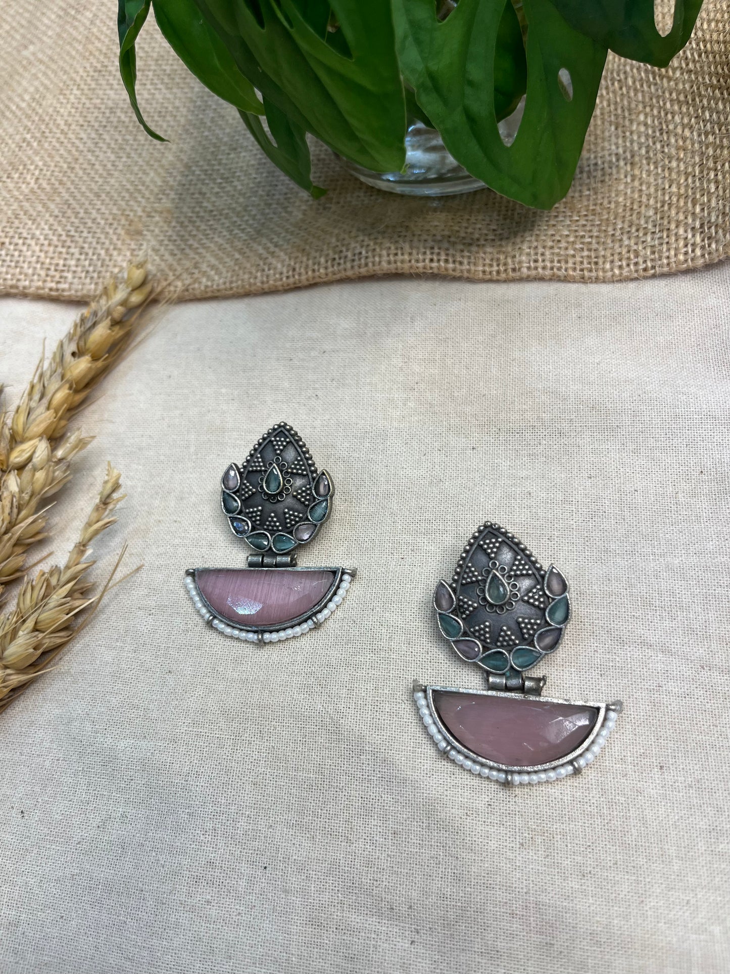 Oxidized Silver Leaf Drop Earrings with Pink Stone - WEVOW