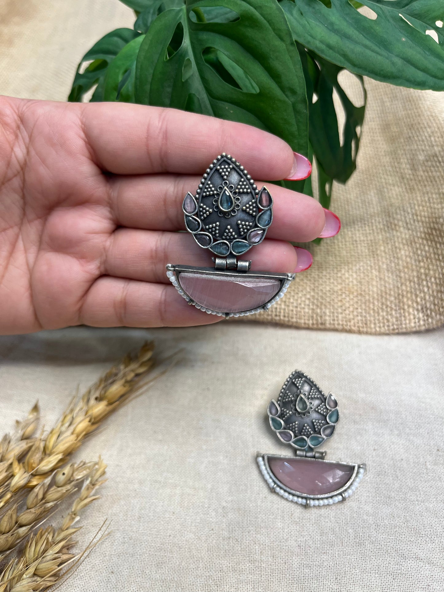 Oxidized Silver Leaf Drop Earrings with Pink Stone - WEVOW