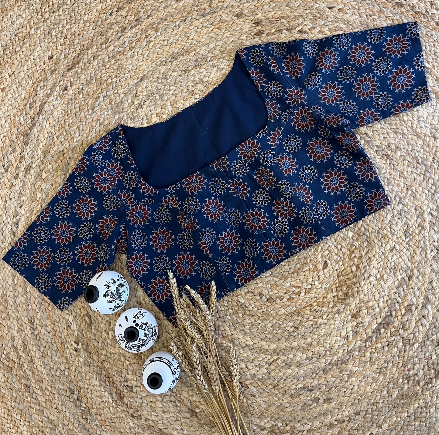 Elegant Ajrakh Blue Square Neck Blouse with Intricate Design - WEVOW