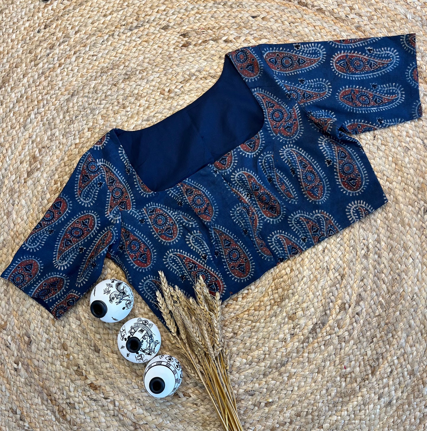 Chic Ajrakh Indigo Square Neck Blouse with Artisan Block Prints - WEVOW