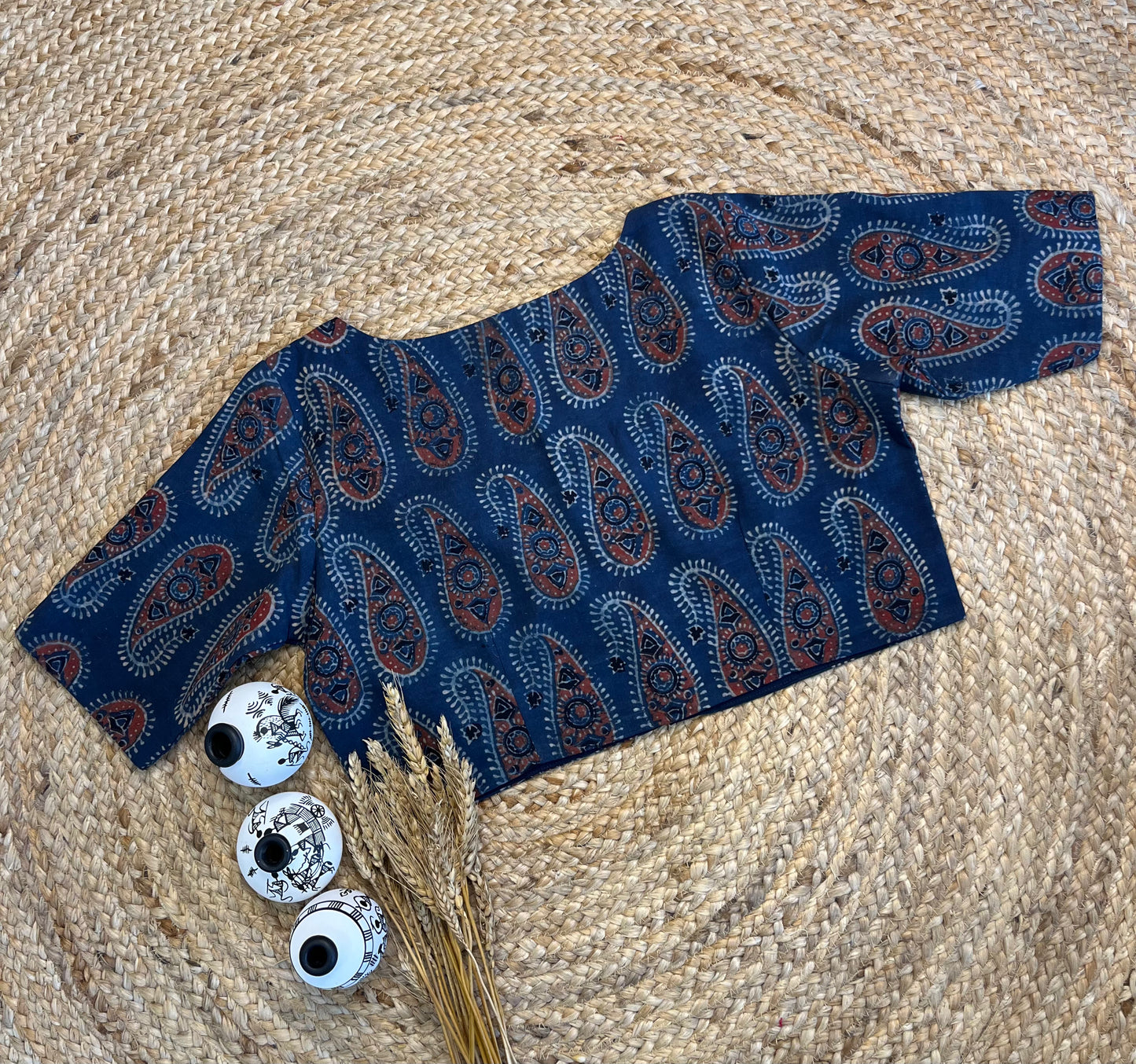 Chic Ajrakh Indigo Square Neck Blouse with Artisan Block Prints - WEVOW