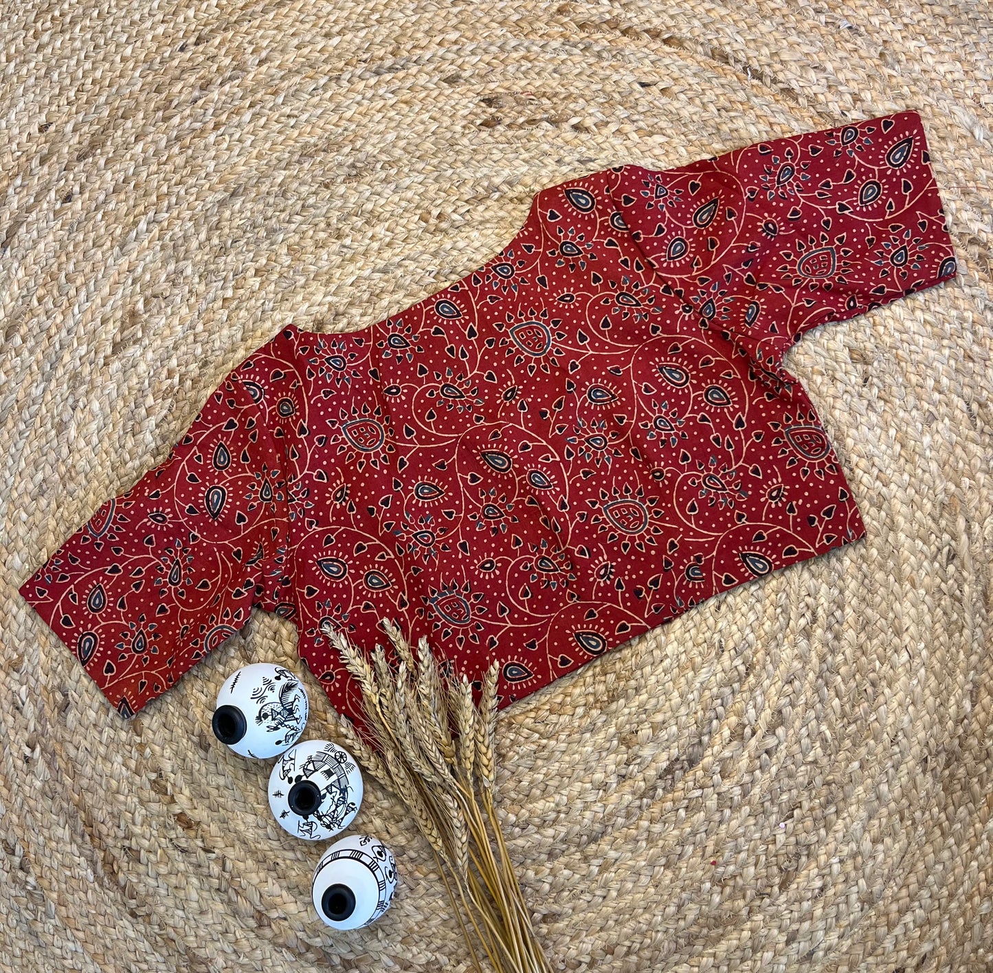 Bold Red Ajrakh Blouse with Contemporary Square Neck - WEVOW