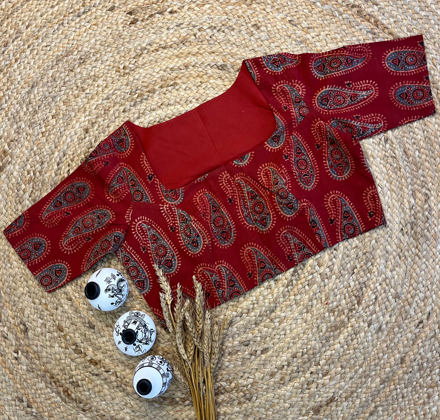 Striking Red Ajrakh Blouse with Square Neck Design - WEVOW