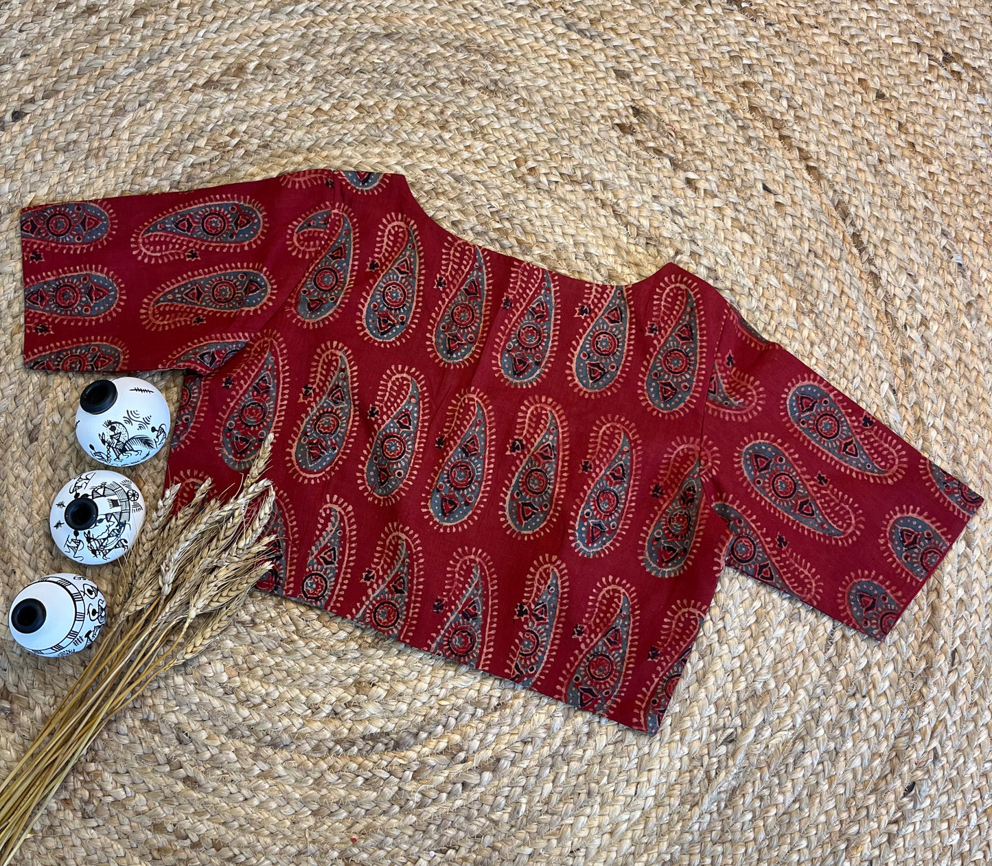 Striking Red Ajrakh Blouse with Square Neck Design - WEVOW