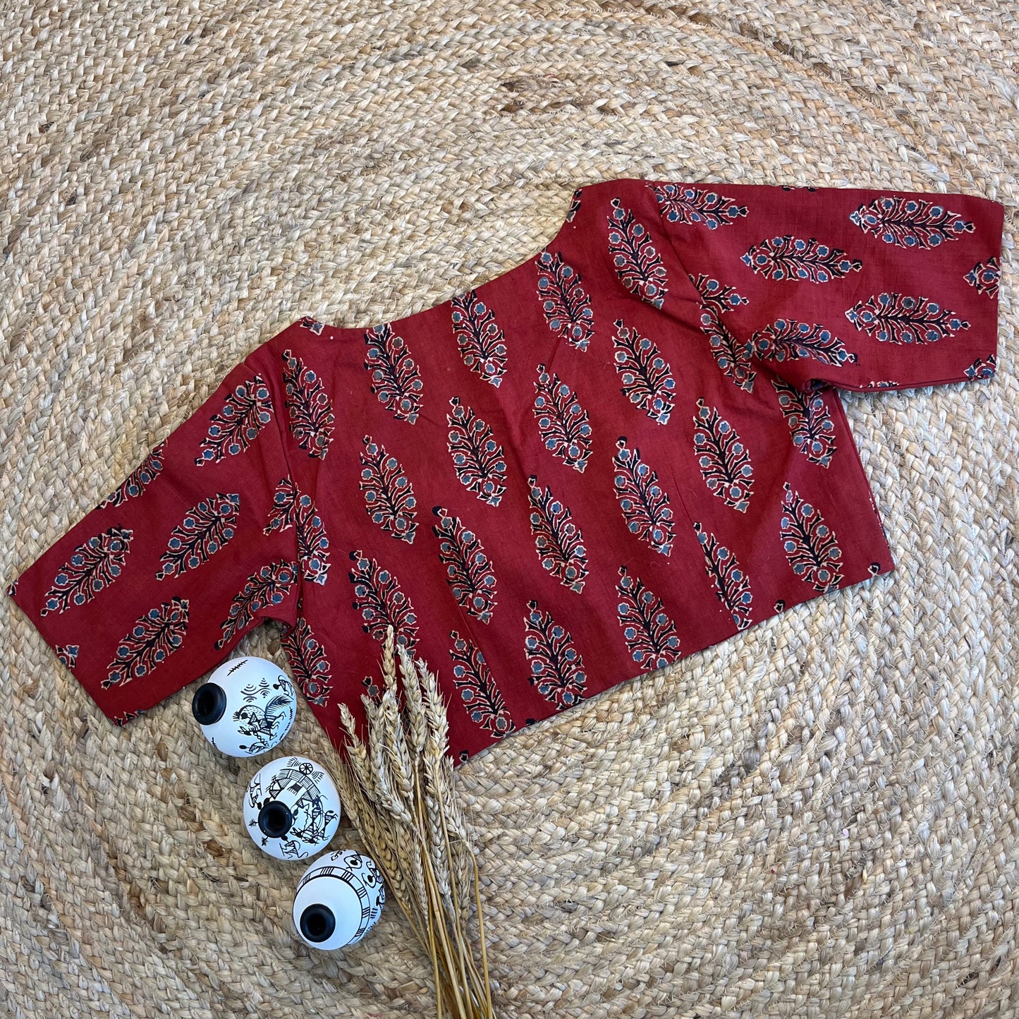 Red Ajrakh Blouse with Square Neck - WEVOW