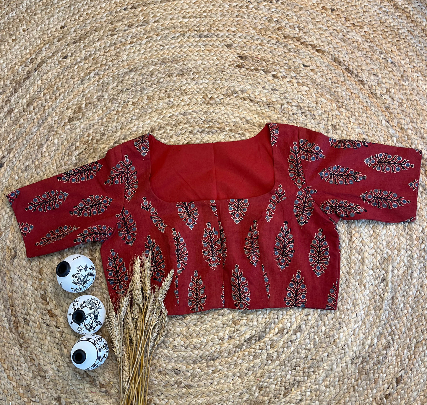 Red Ajrakh Blouse with Square Neck - WEVOW