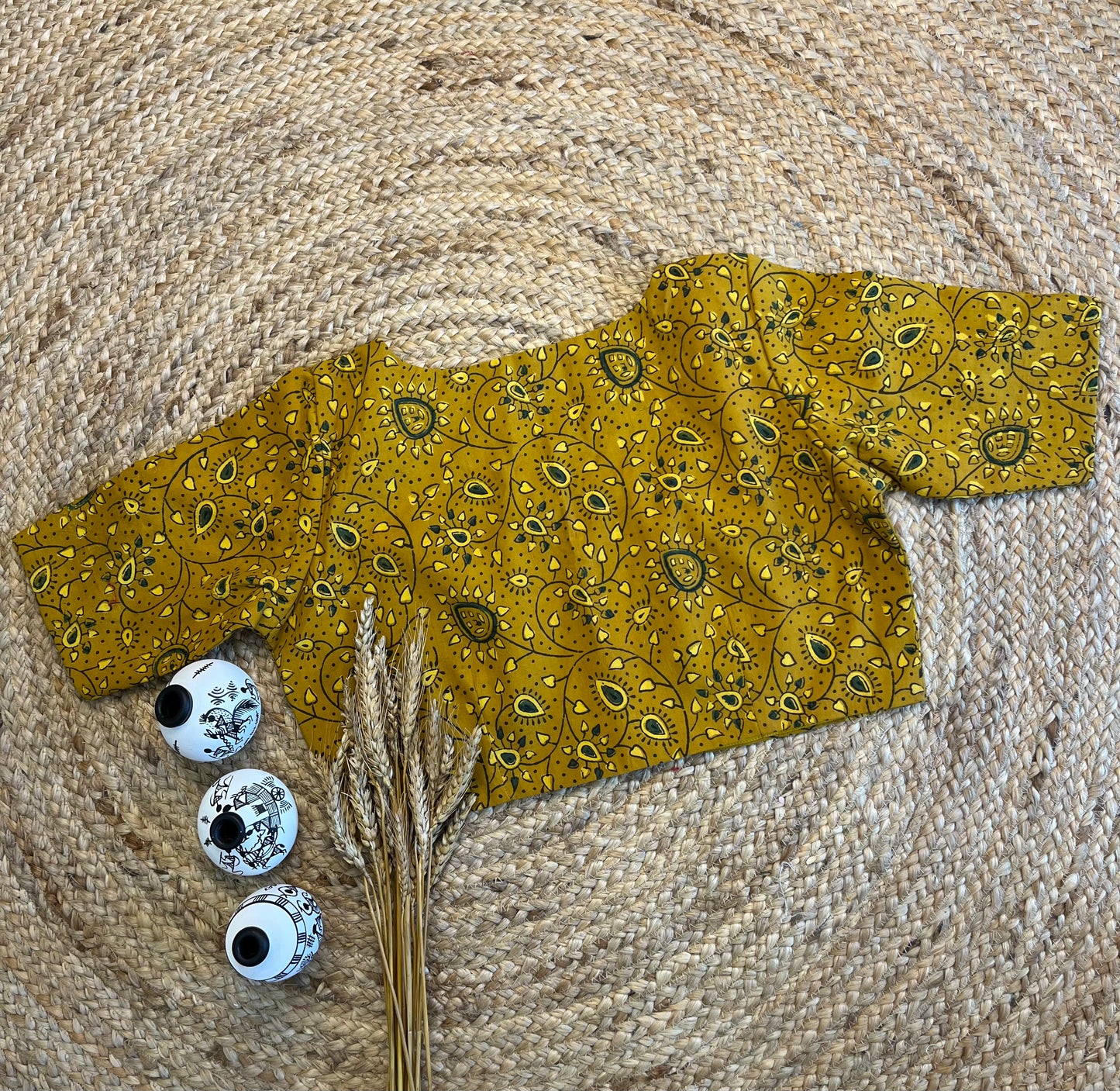 Bright Yellow Printed Blouse with Square Neck Design - WEVOW