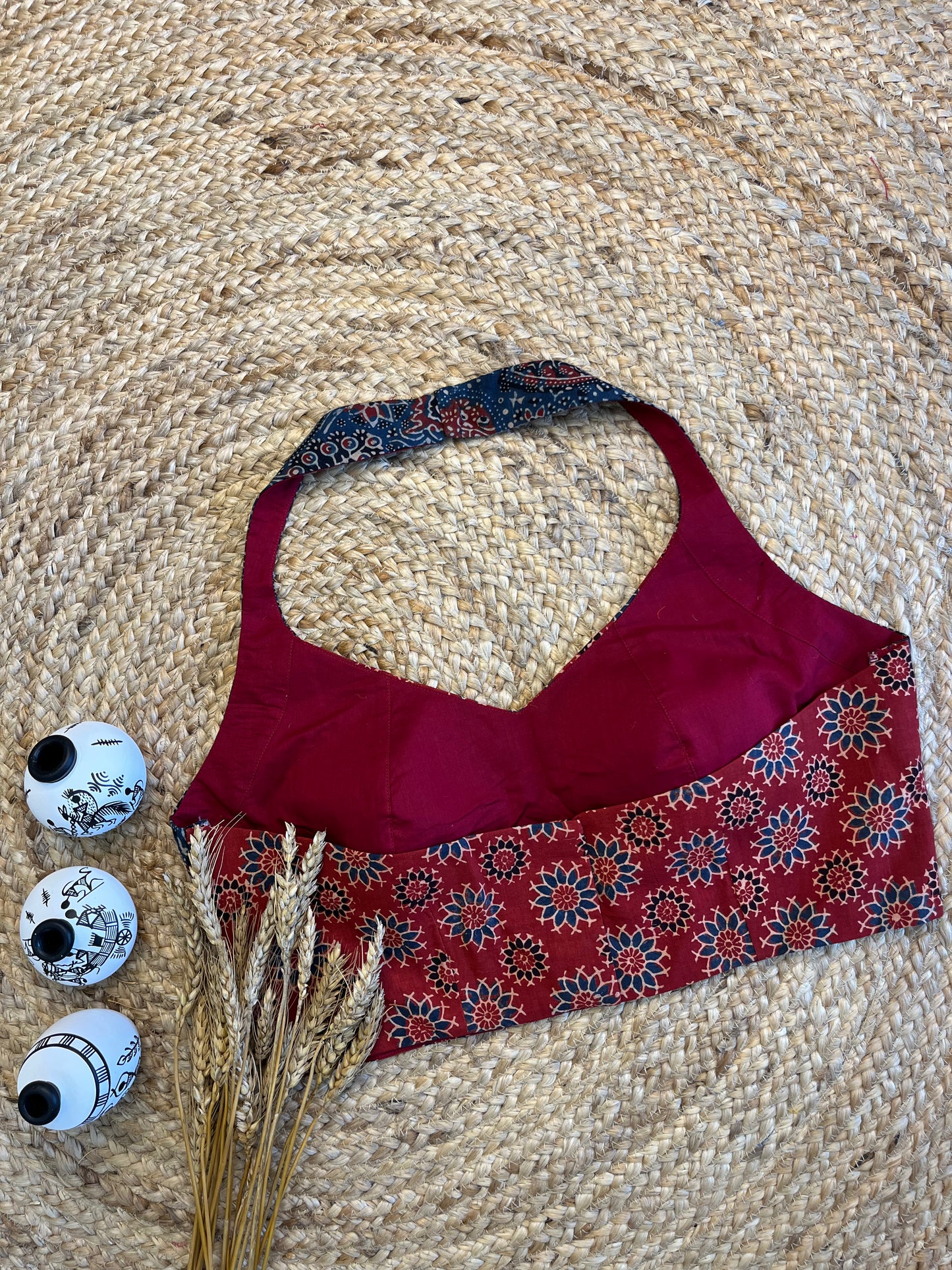 Bold Ajrakh Red Halter neck Blouse with Intricate Prints - WEVOW