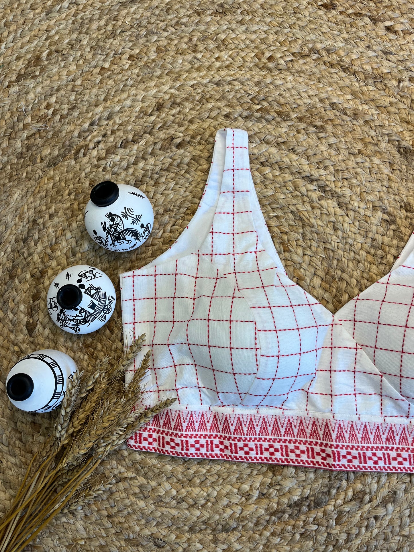 Chic White V-Neck Blouse with Red kantha stitch and Modern Flair - WEVOW
