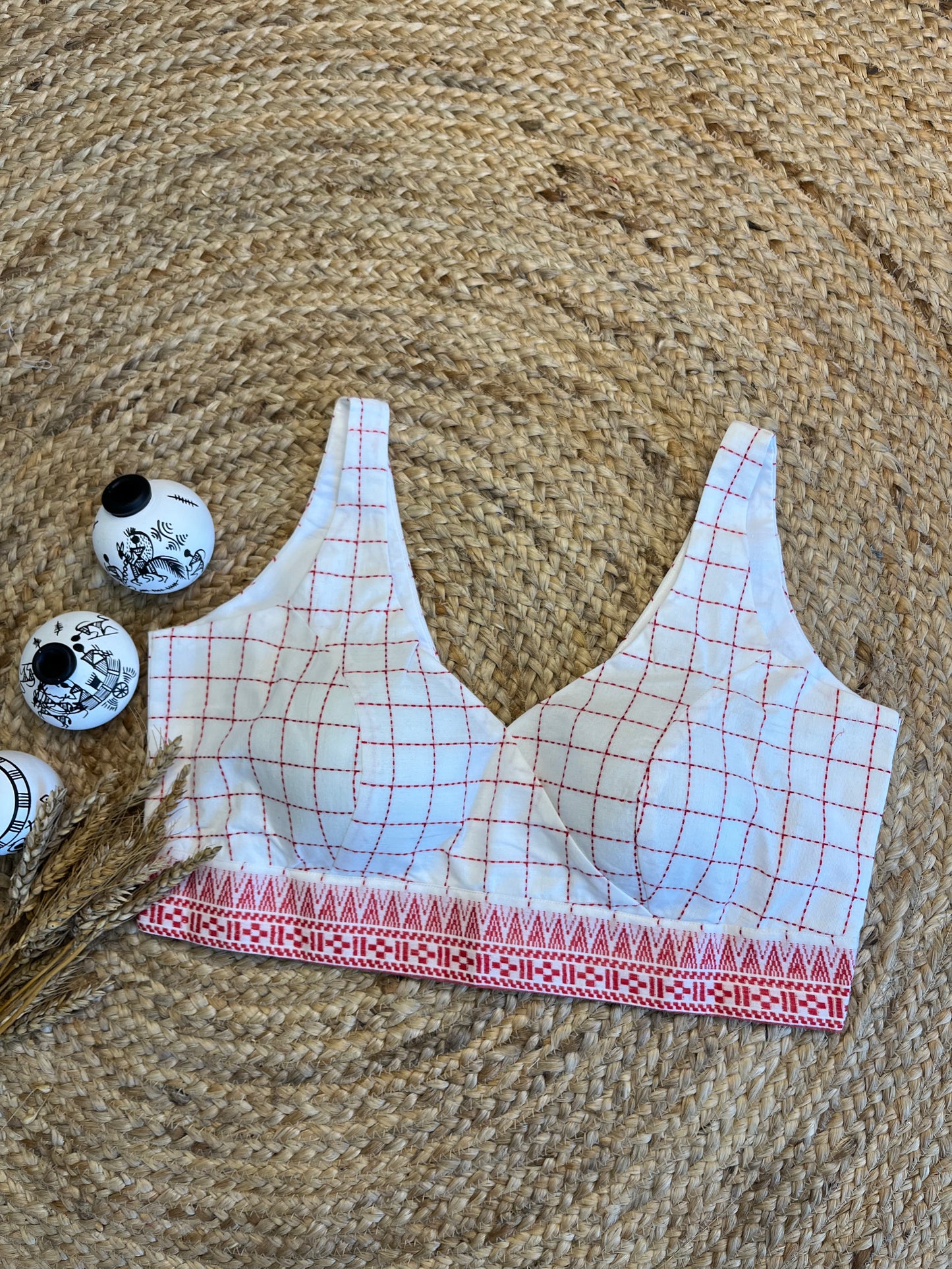 Chic White V-Neck Blouse with Red kantha stitch and Modern Flair - WEVOW