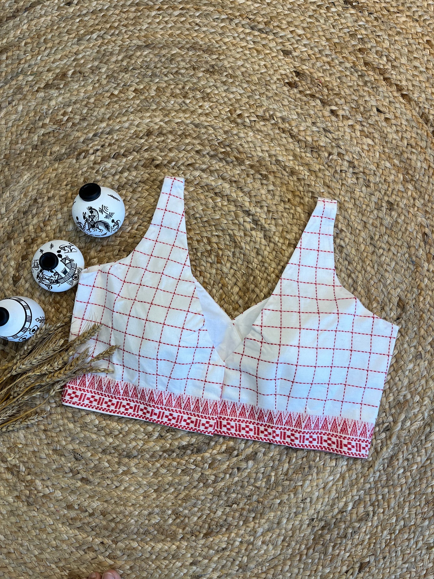 Chic White V-Neck Blouse with Red kantha stitch and Modern Flair - WEVOW