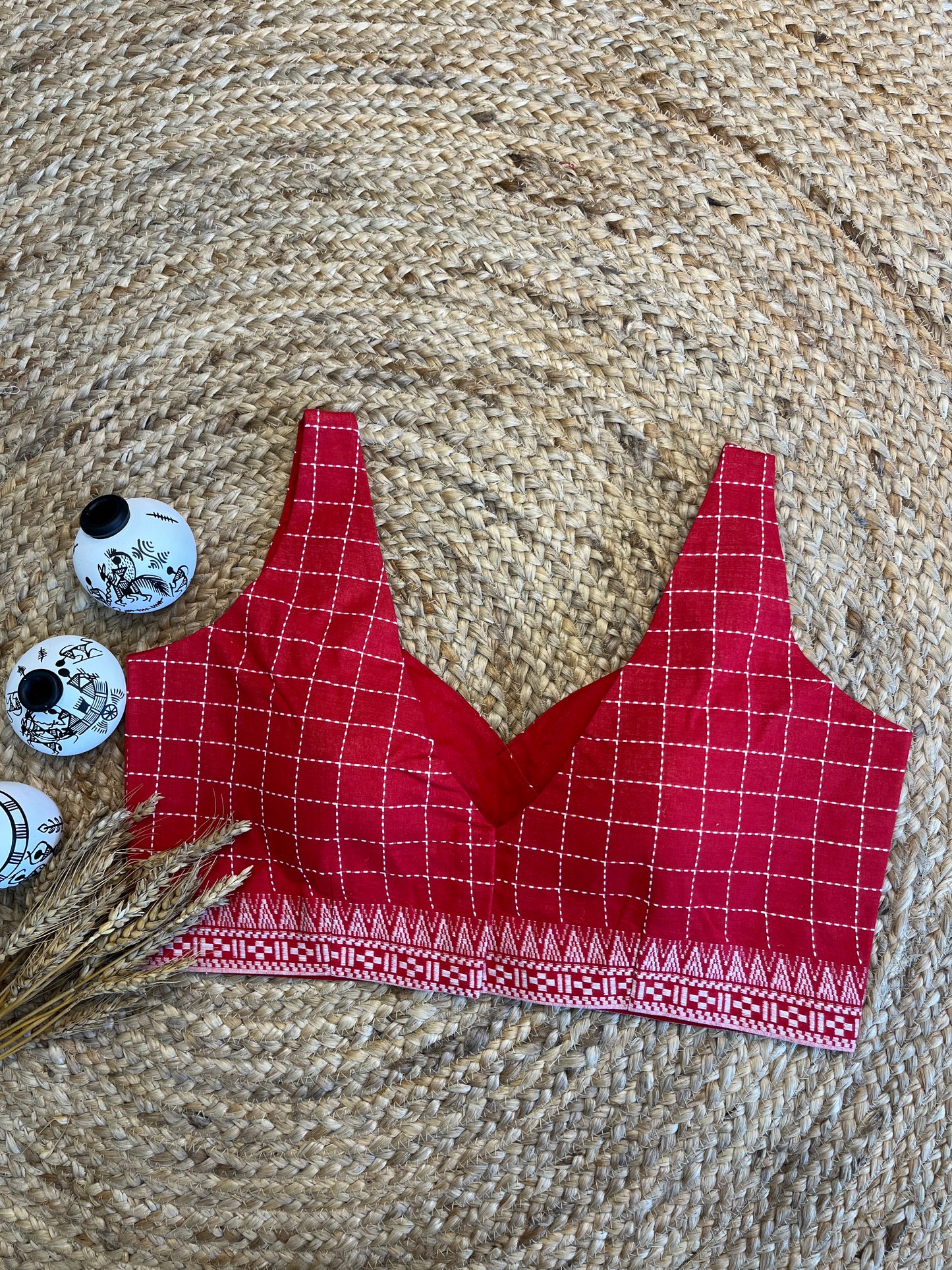 Elegant Red Blouse with V-Neck White Run Kantha stitch - WEVOW