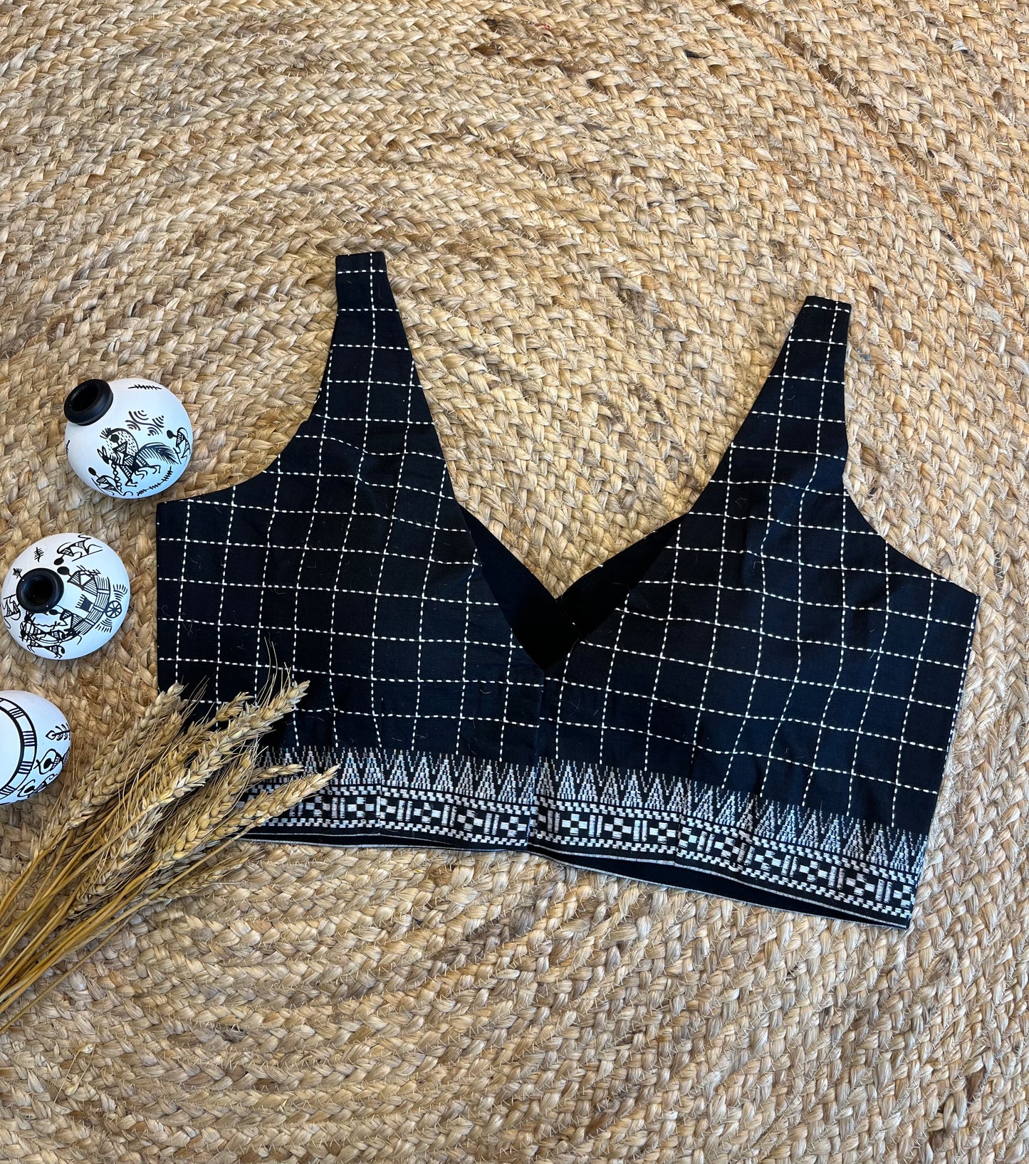 Sophisticated Black cotton Blouse with V-Neck and Silver Lining - WEVOW