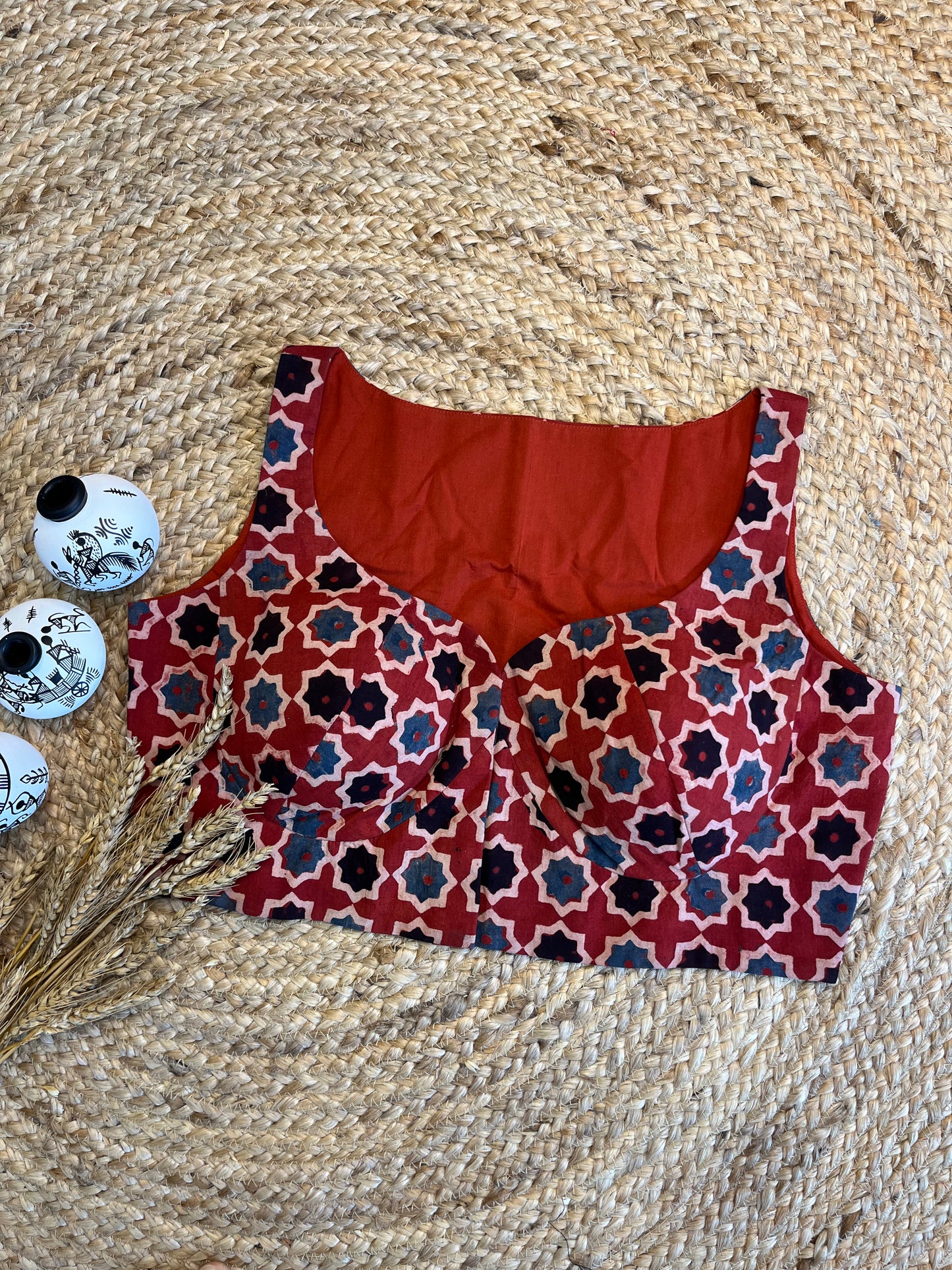 Vibrant Red Front-Open Ajrakh Blouse with Artistic Prints - WEVOW
