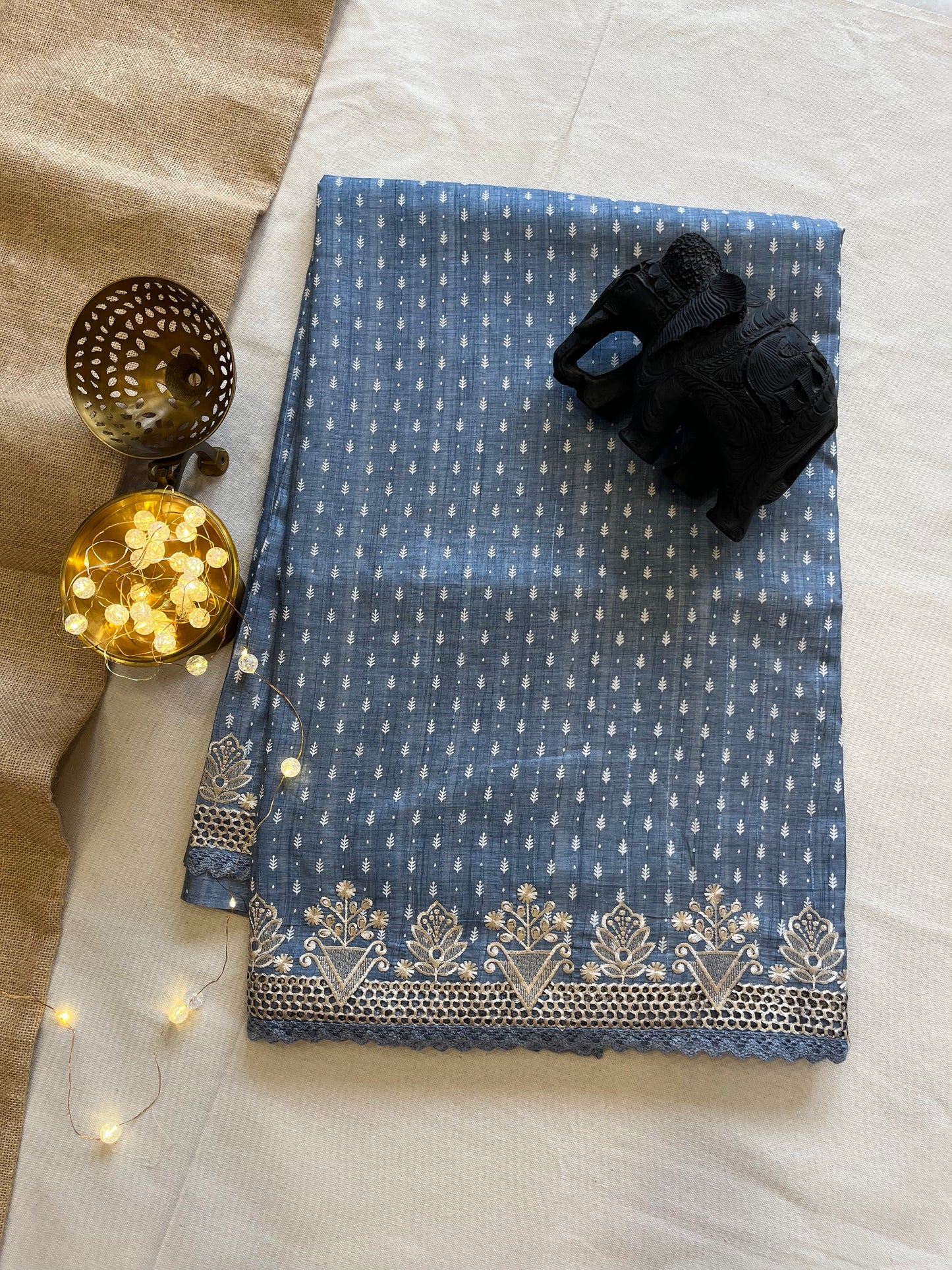 Refined Linen Cutwork Saree with Intricate Lacy Borders