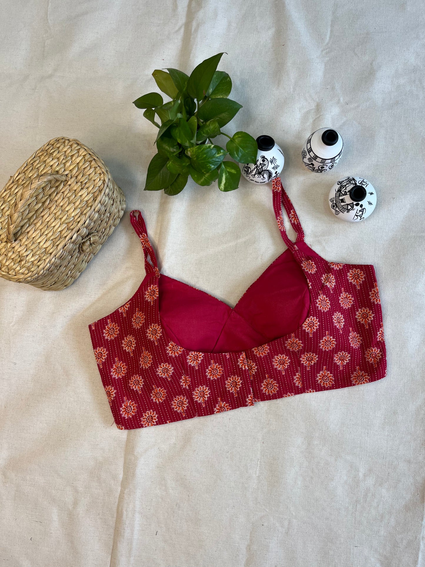 Cotton Bold Ajrakh print cotton strappy blouse in Bright pink