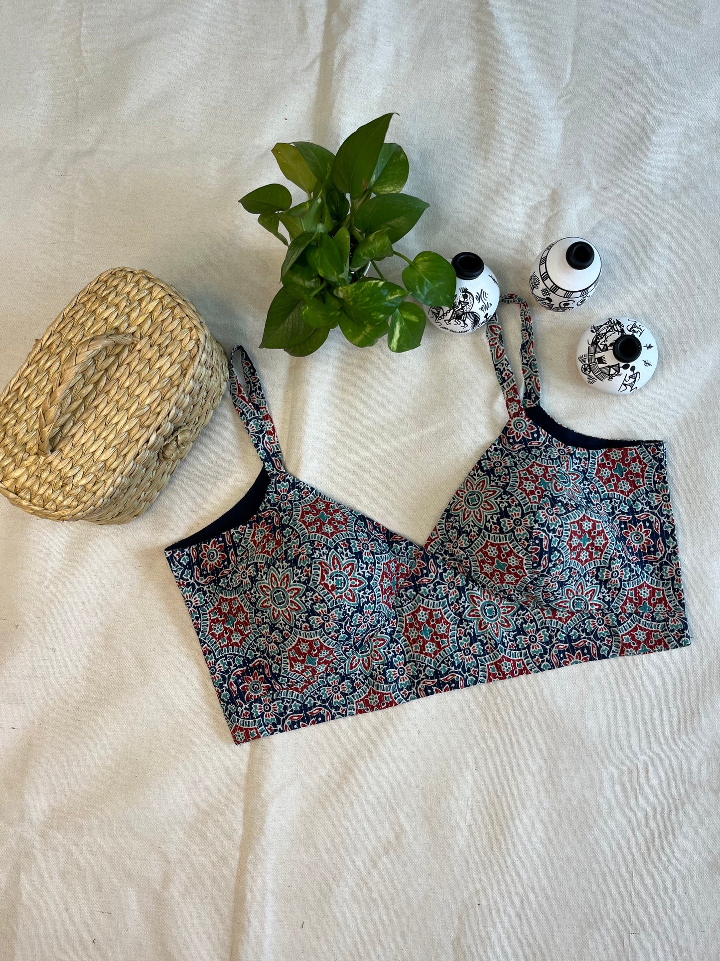 Cotton Bold Ajrakh print cotton strappy blouse in Midnight blue