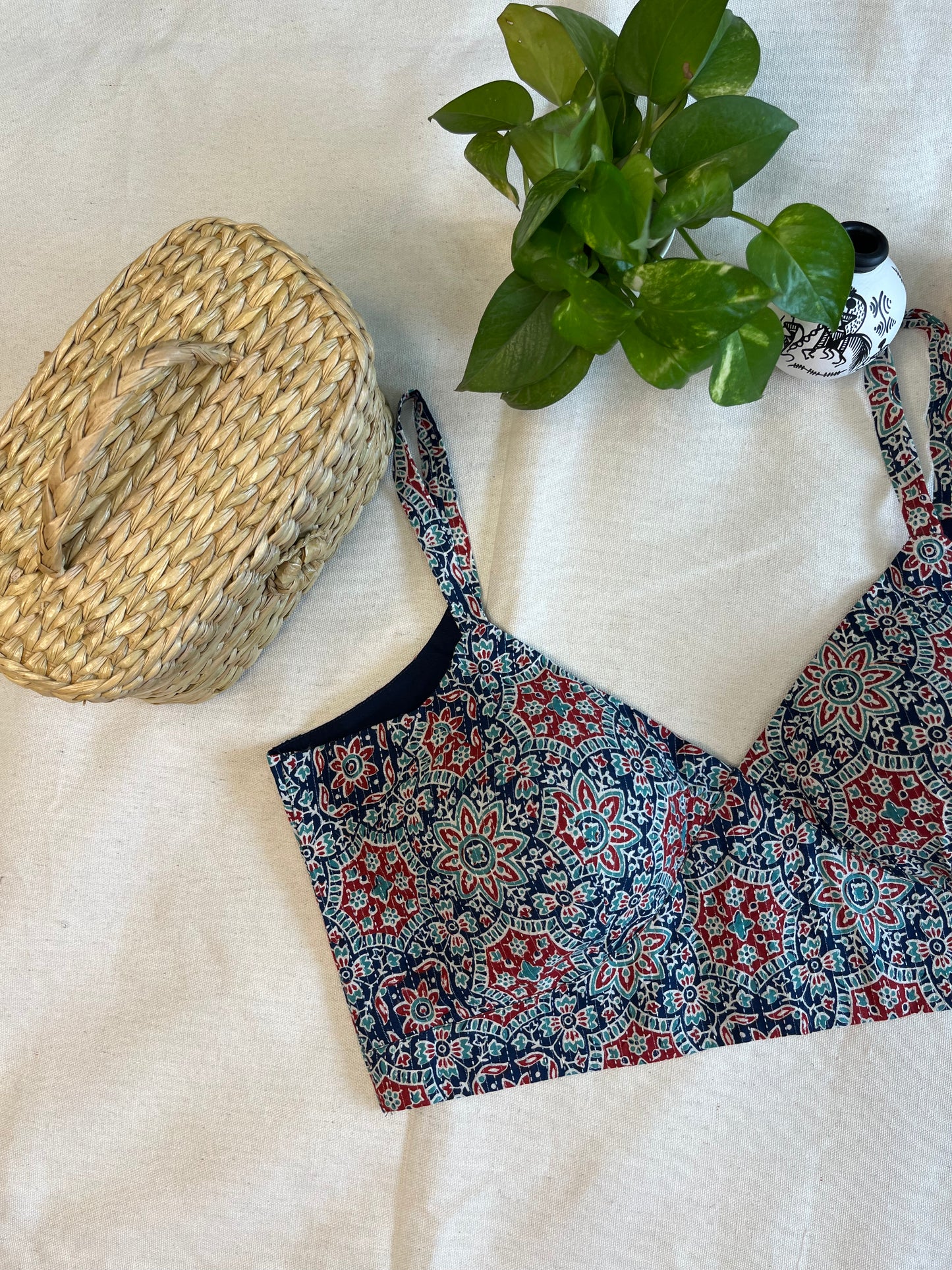 Cotton Bold Ajrakh print cotton strappy blouse in Midnight blue