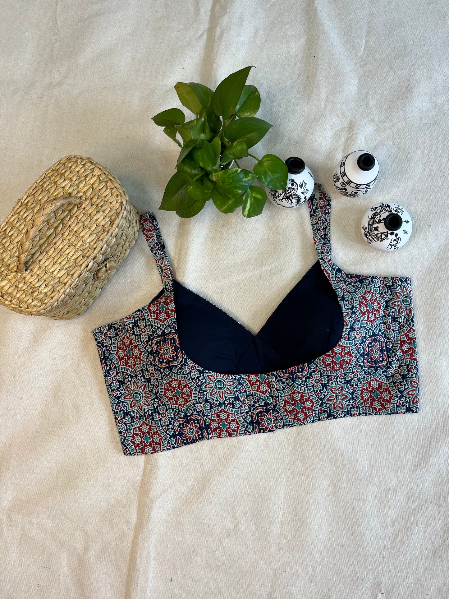 Cotton Bold Ajrakh print cotton strappy blouse in Midnight blue