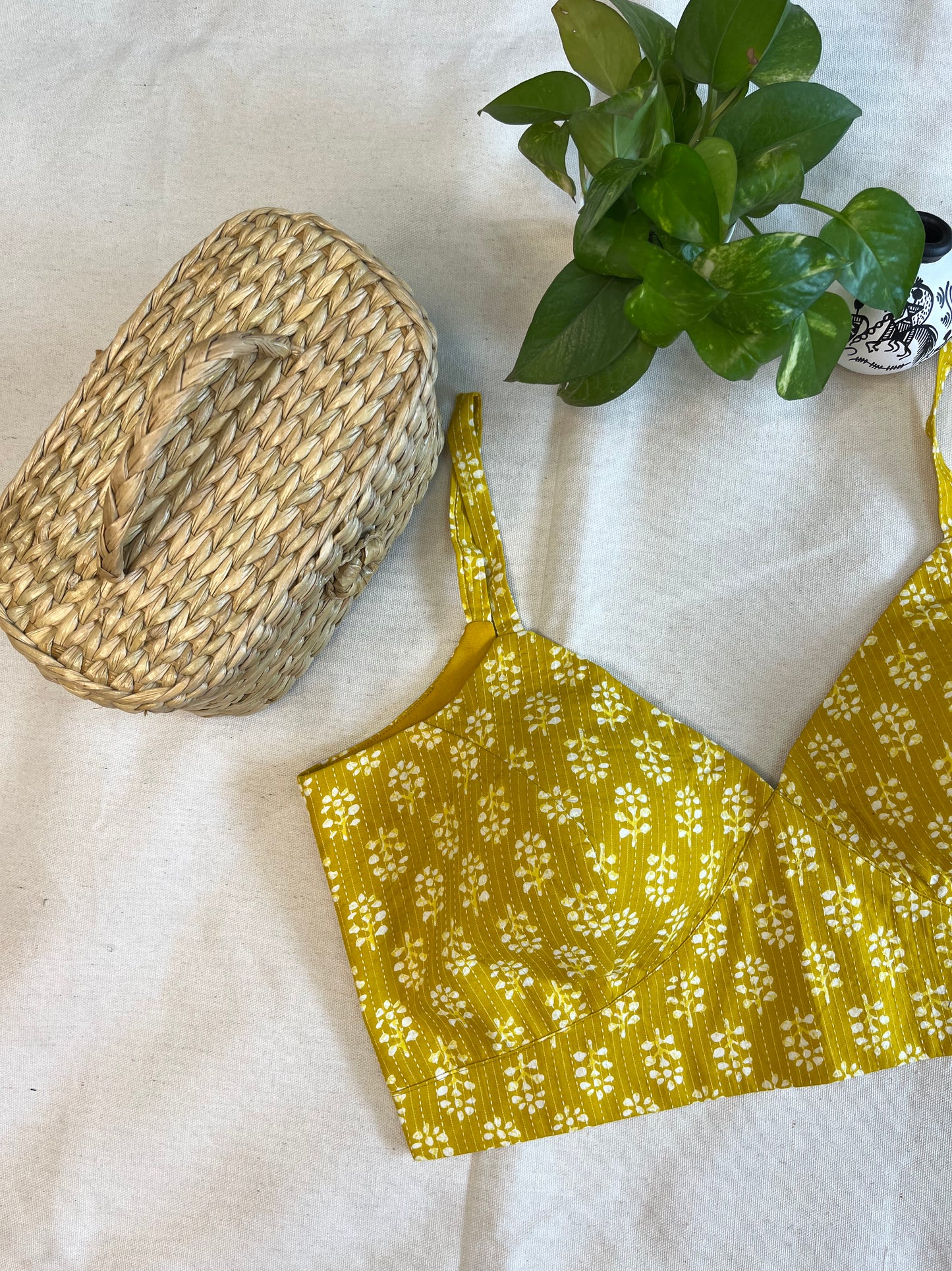 Cotton Bold Ajrakh print cotton strappy blouse in Mustered yellow