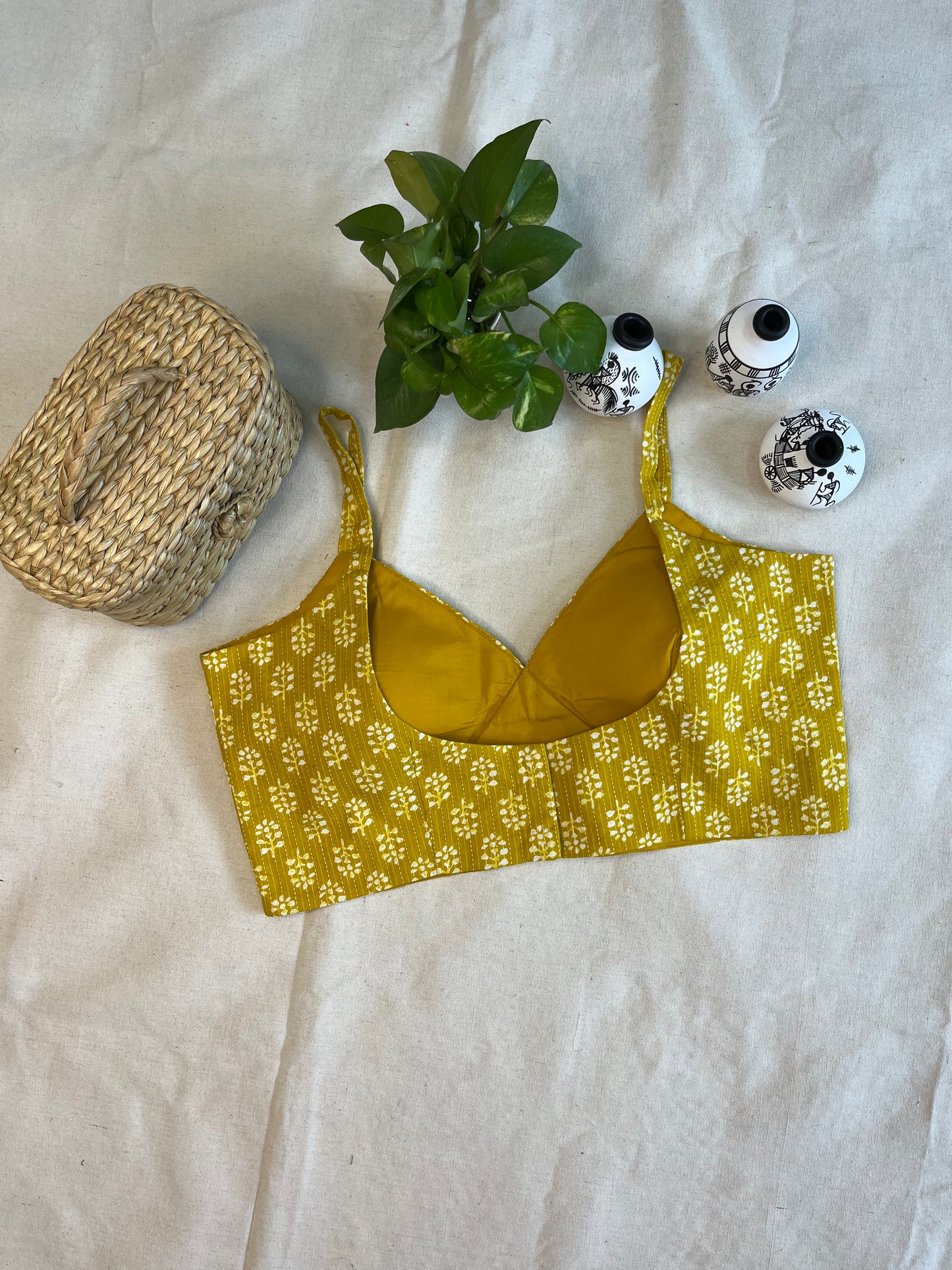 Cotton Bold Ajrakh print cotton strappy blouse in Mustered yellow