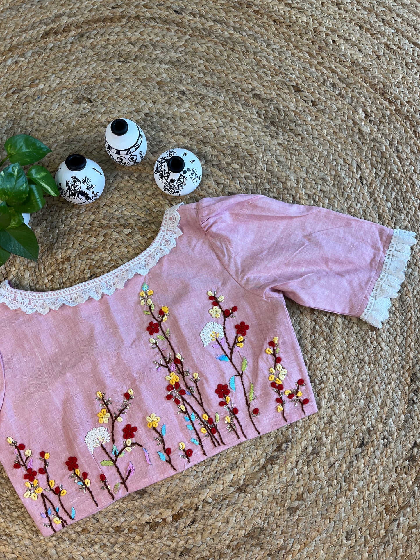 Cotton Cotton thread work with lace work in Baby pink