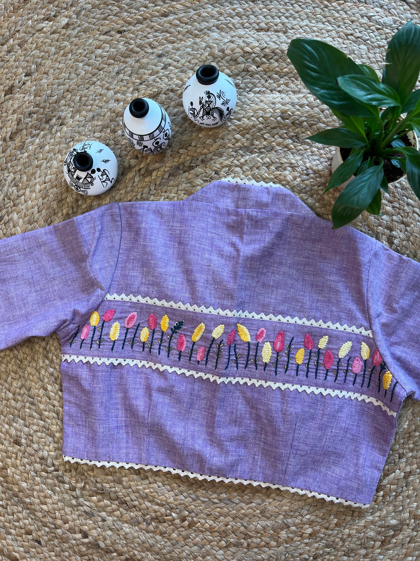 Lavender Cotton Blouse with Delicate Thread Work and Classic Collar Neck – Ethereal Elegance