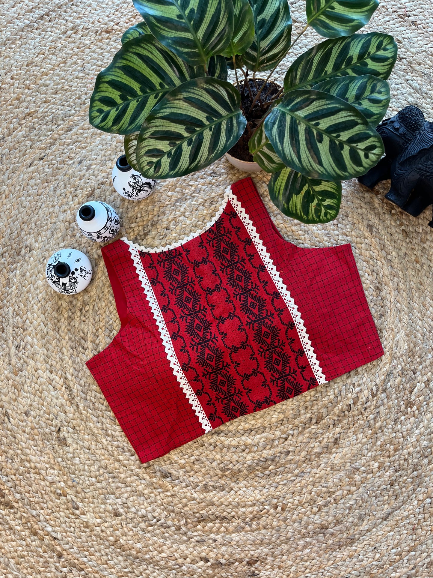 Red Cotton Jacquard Sleeveless Blouse with Lace Detailing – Effortless Elegance