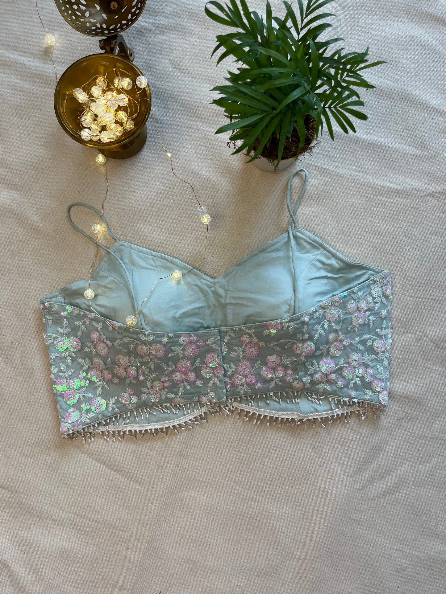 Cyan Blue Noodle Strap Blouse in Net Fabric with Sparkling Sequins Embroidery – Oceanic Elegance