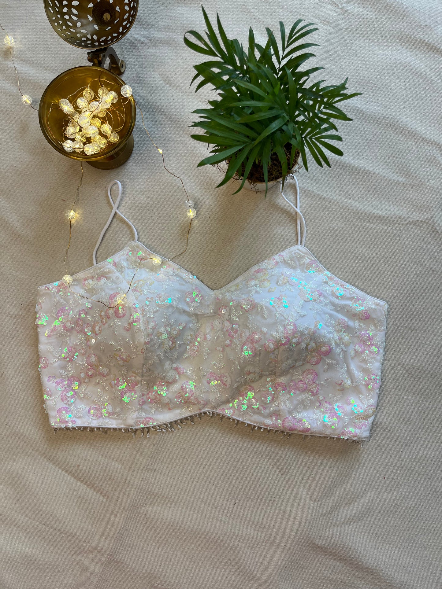 Pearl White Noodle Strap Blouse in Delicate Net Fabric with Sequins Embroidery – Ethereal Glamour