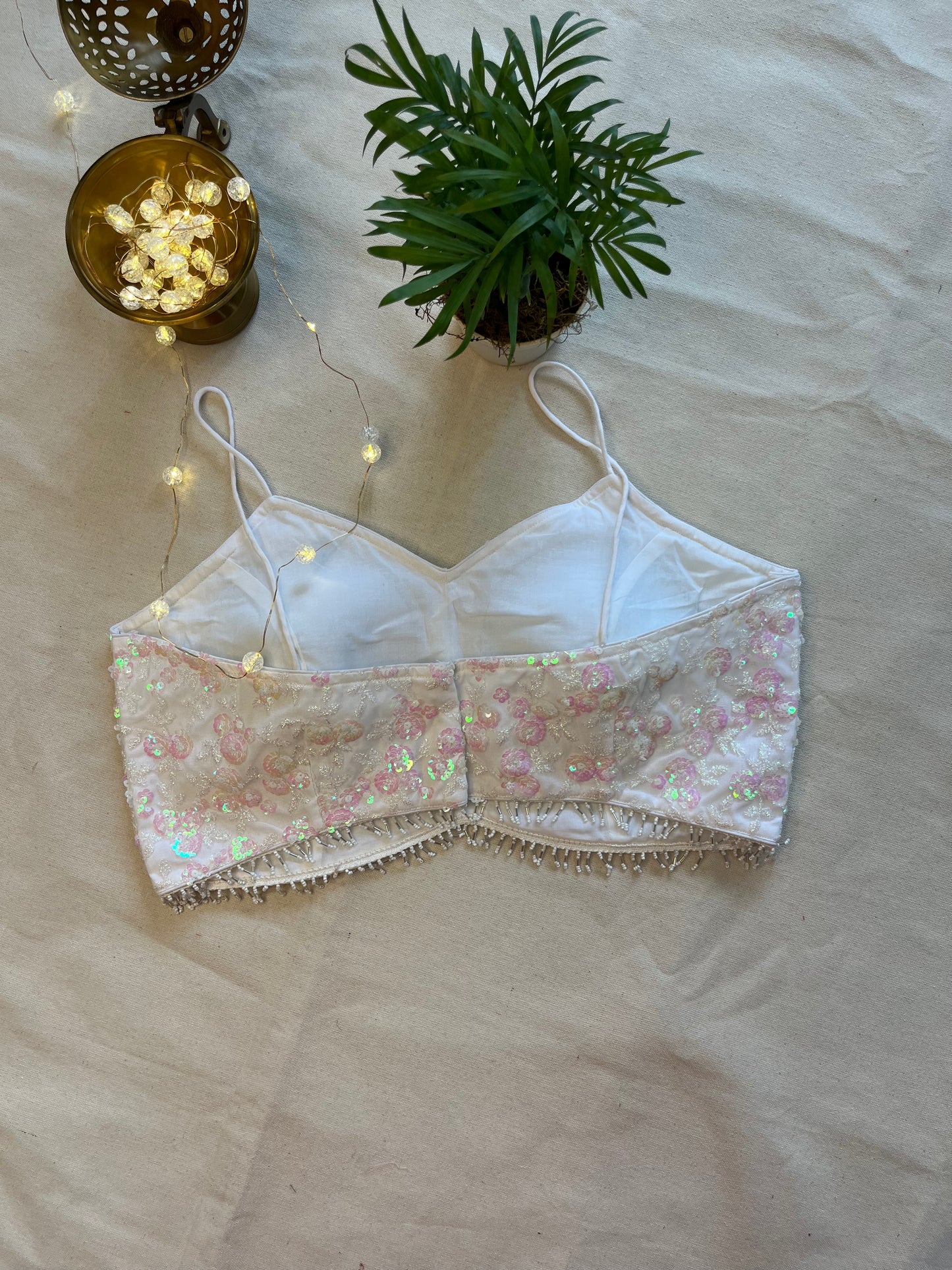 Pearl White Noodle Strap Blouse in Delicate Net Fabric with Sequins Embroidery – Ethereal Glamour