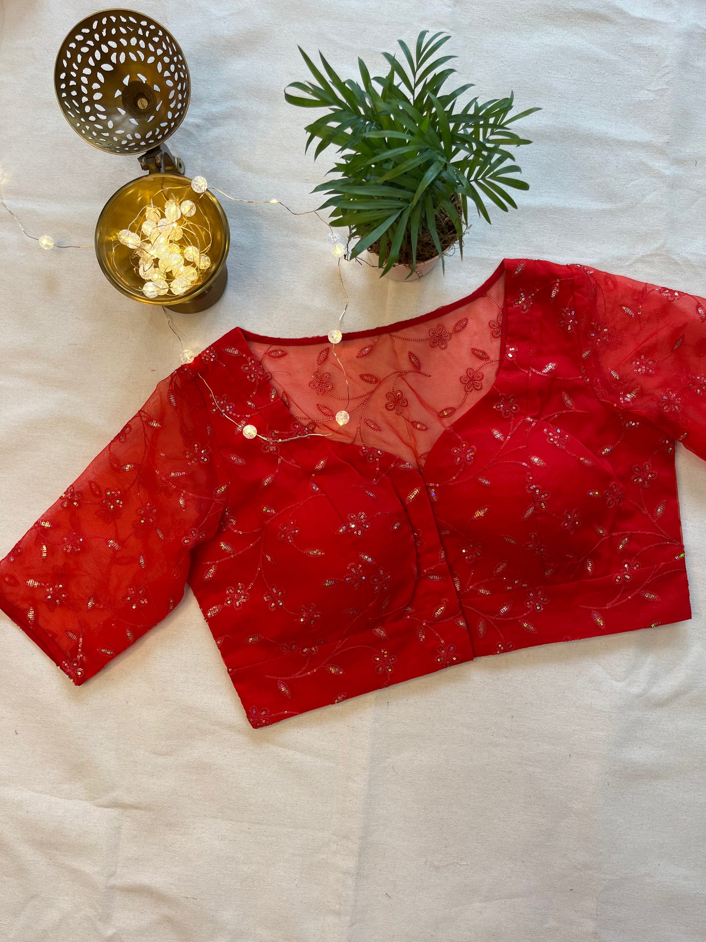 Cherry Red Organza Blouse with Lustrous Sequins Embroidery – A Radiant Statement of Elegance