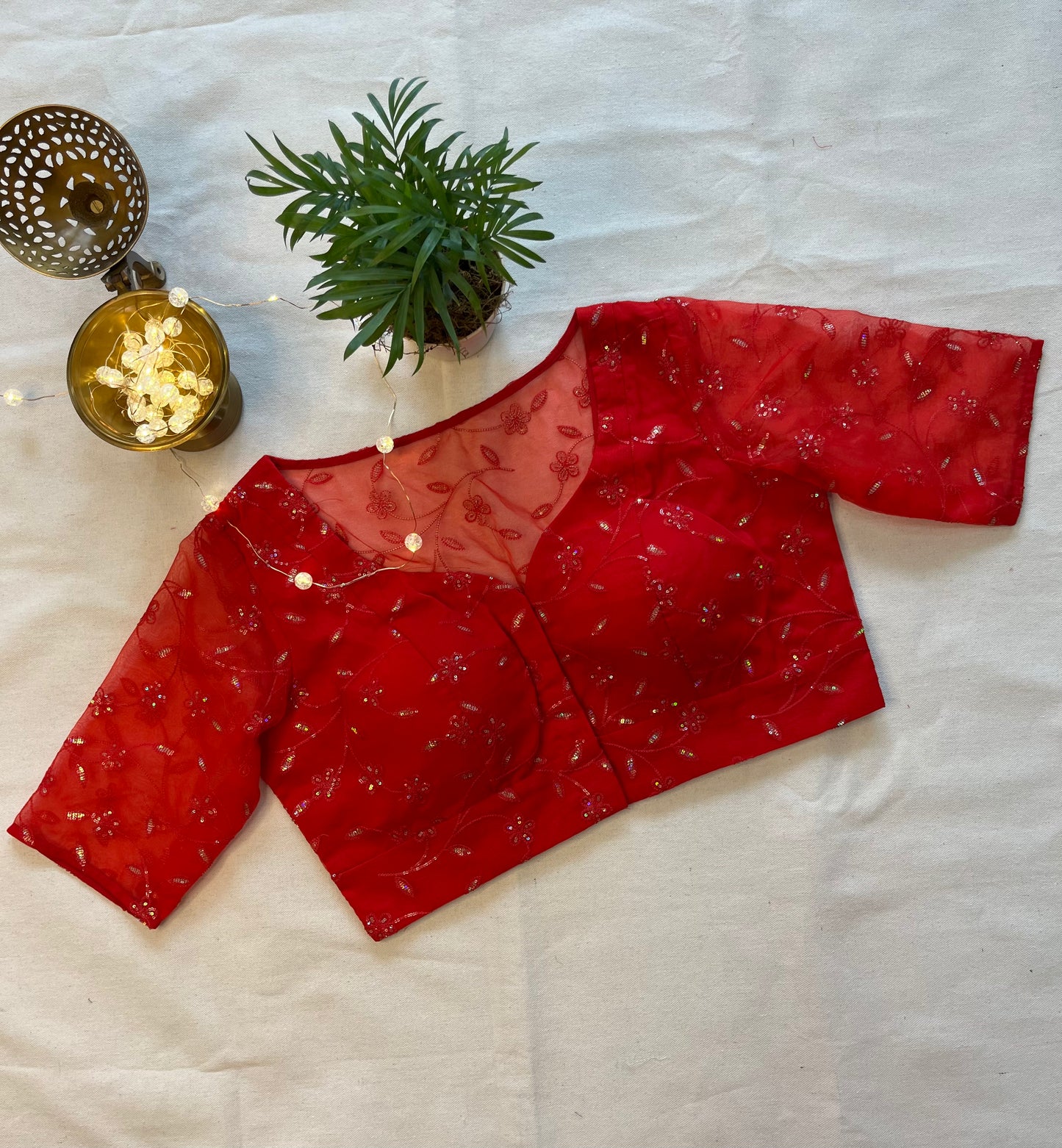 Cherry Red Organza Blouse with Lustrous Sequins Embroidery – A Radiant Statement of Elegance