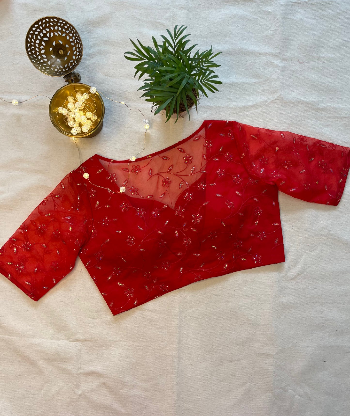 Cherry Red Organza Blouse with Lustrous Sequins Embroidery – A Radiant Statement of Elegance