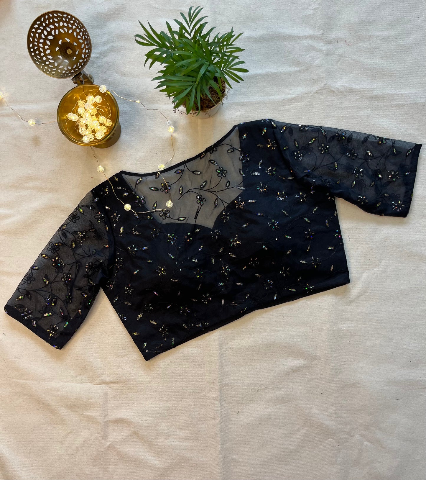 Midnight Black Organza Blouse with Exquisite Sequins Embroidery – Timeless Elegance